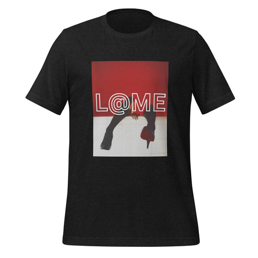 Unisex red t-shirt featuring black-and-white photography and high-heel design elements.