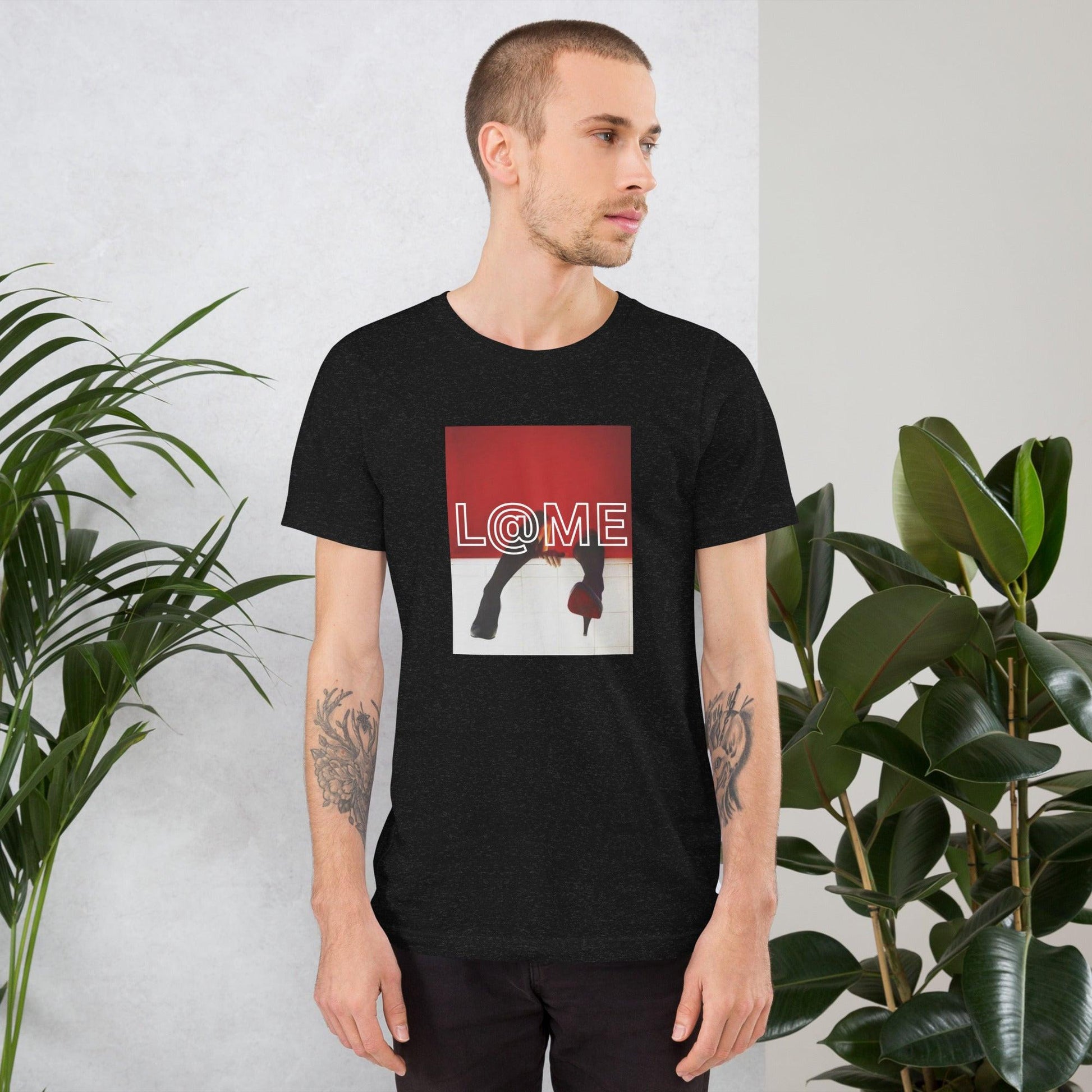 Unisex red cotton T-shirt with black-and-white photo and high-heel graphic on front