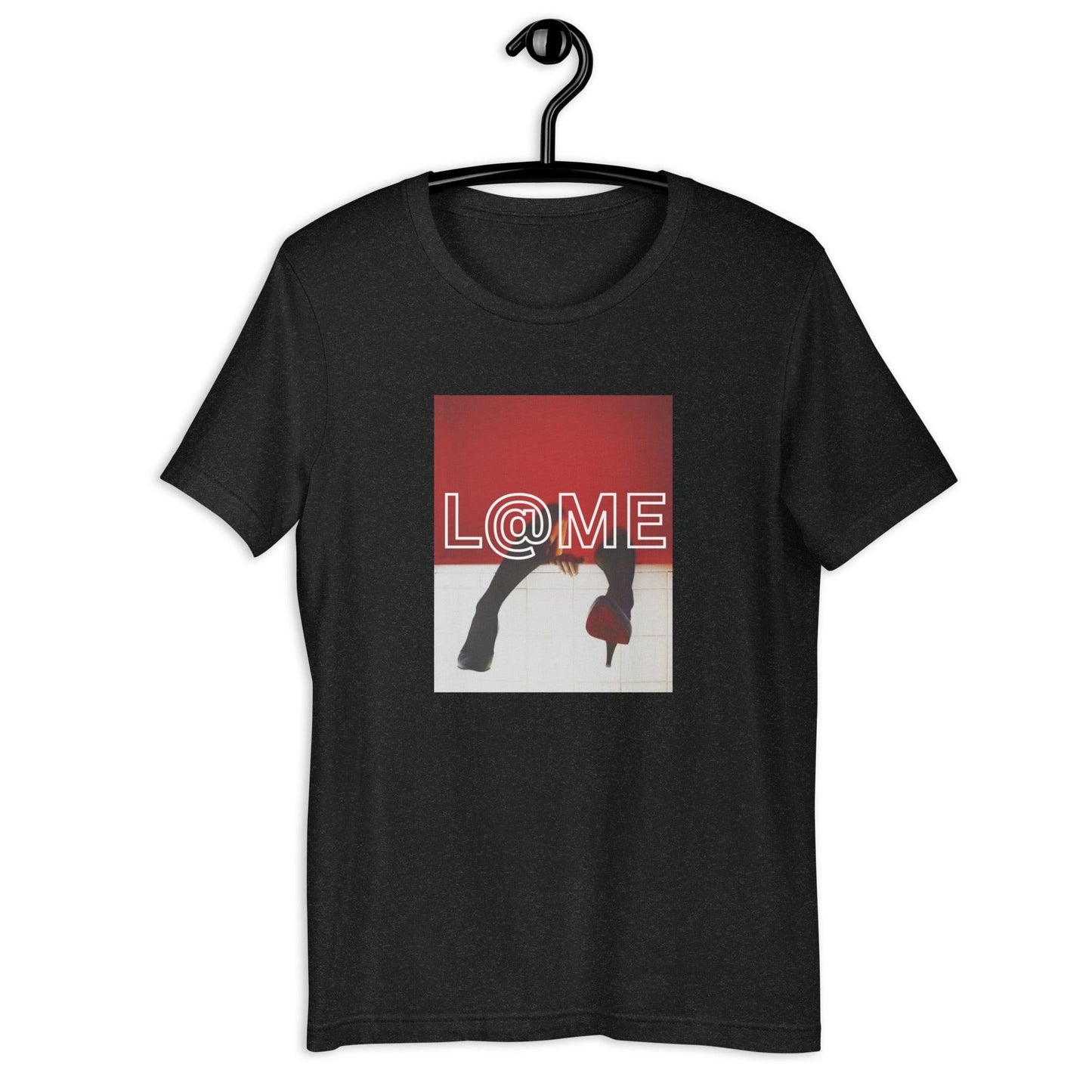 Unisex red t-shirt featuring black-and-white photography and high-heel design elements.