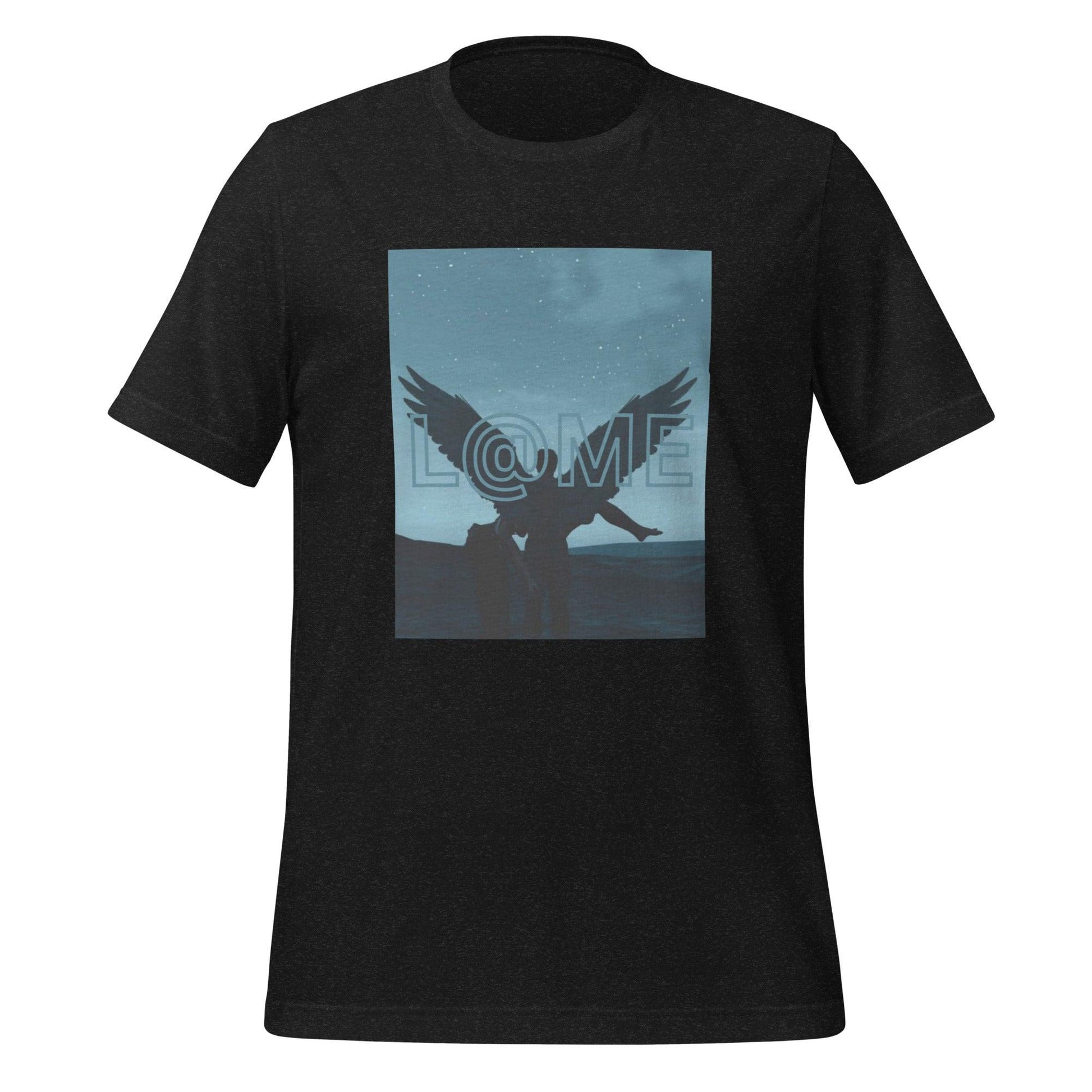 Unisex T-shirt with silhouetted figure and wings against a starry blue night sky background