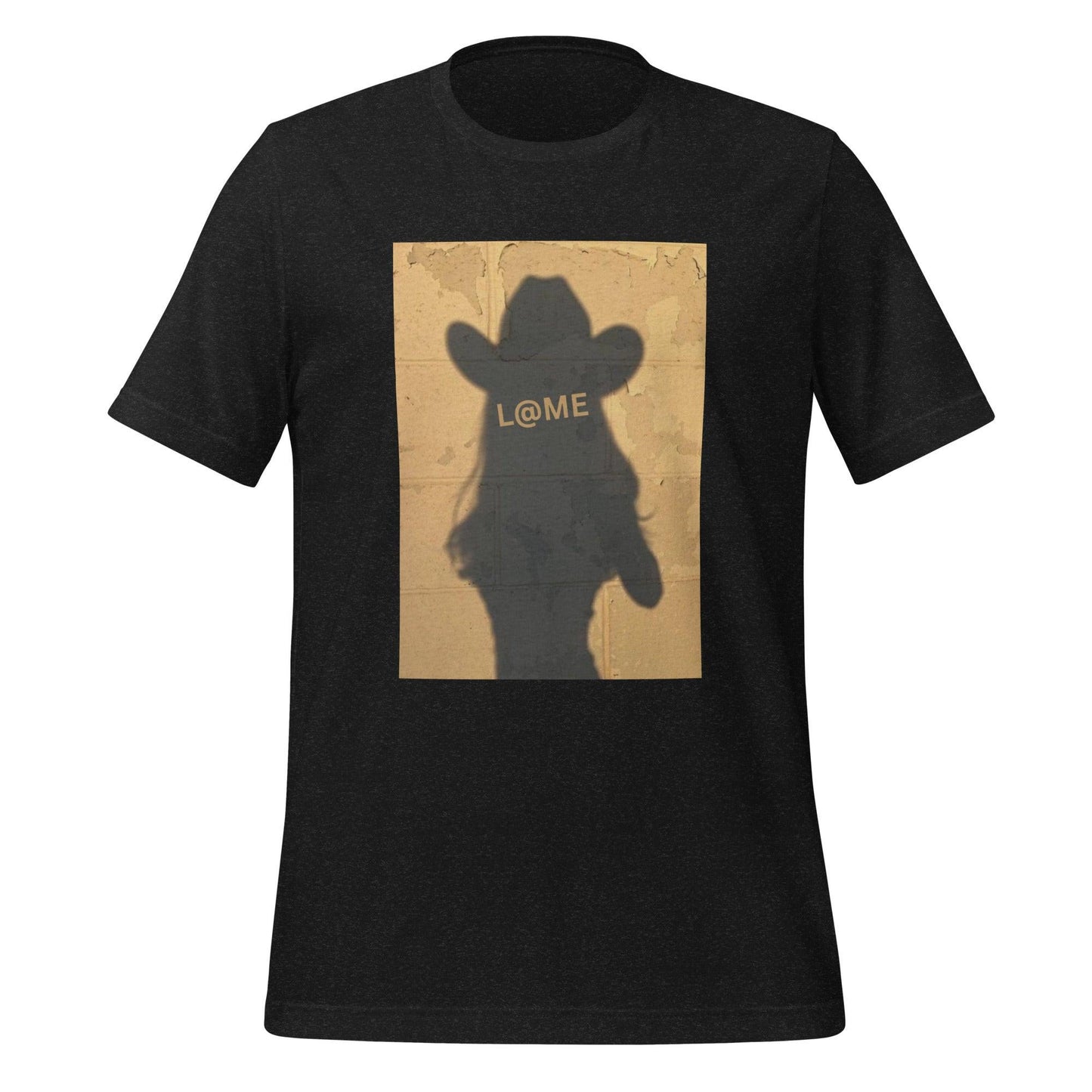 Unisex t-shirt featuring a cowboy hat silhouette on a rustic backdrop.
