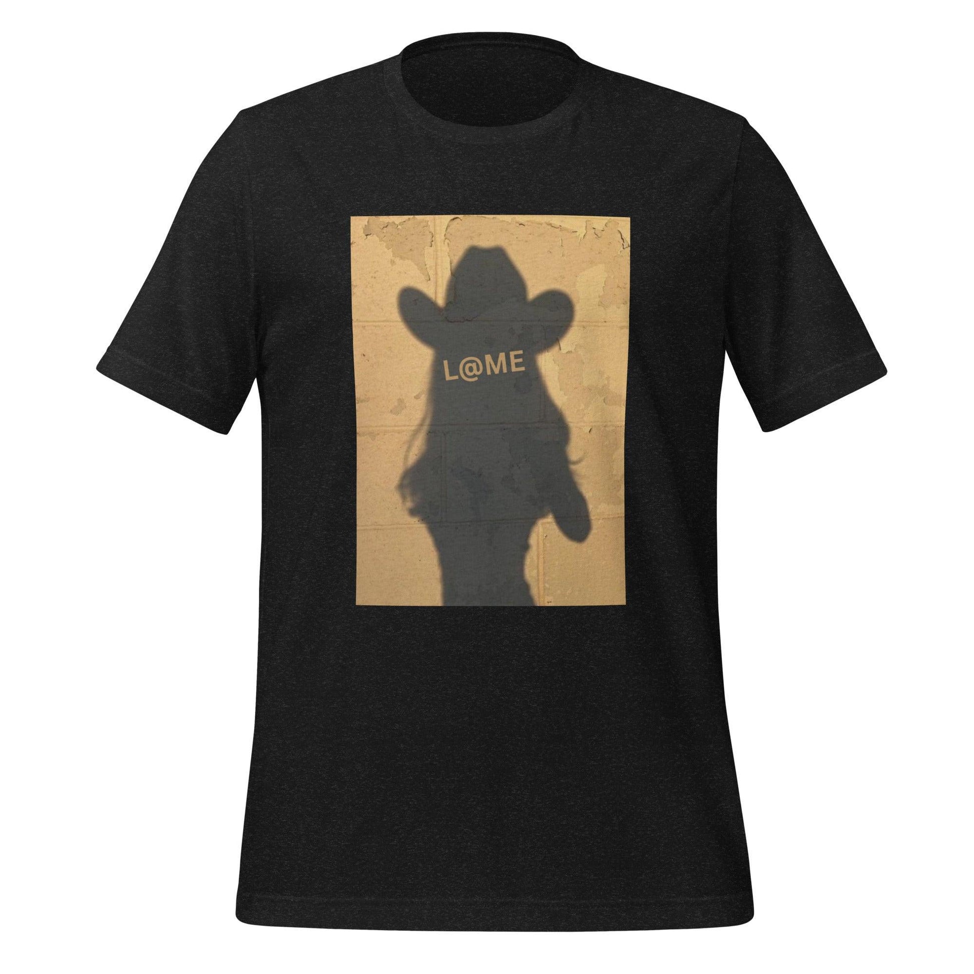 Unisex t-shirt featuring a cowboy hat silhouette on a rustic backdrop.
