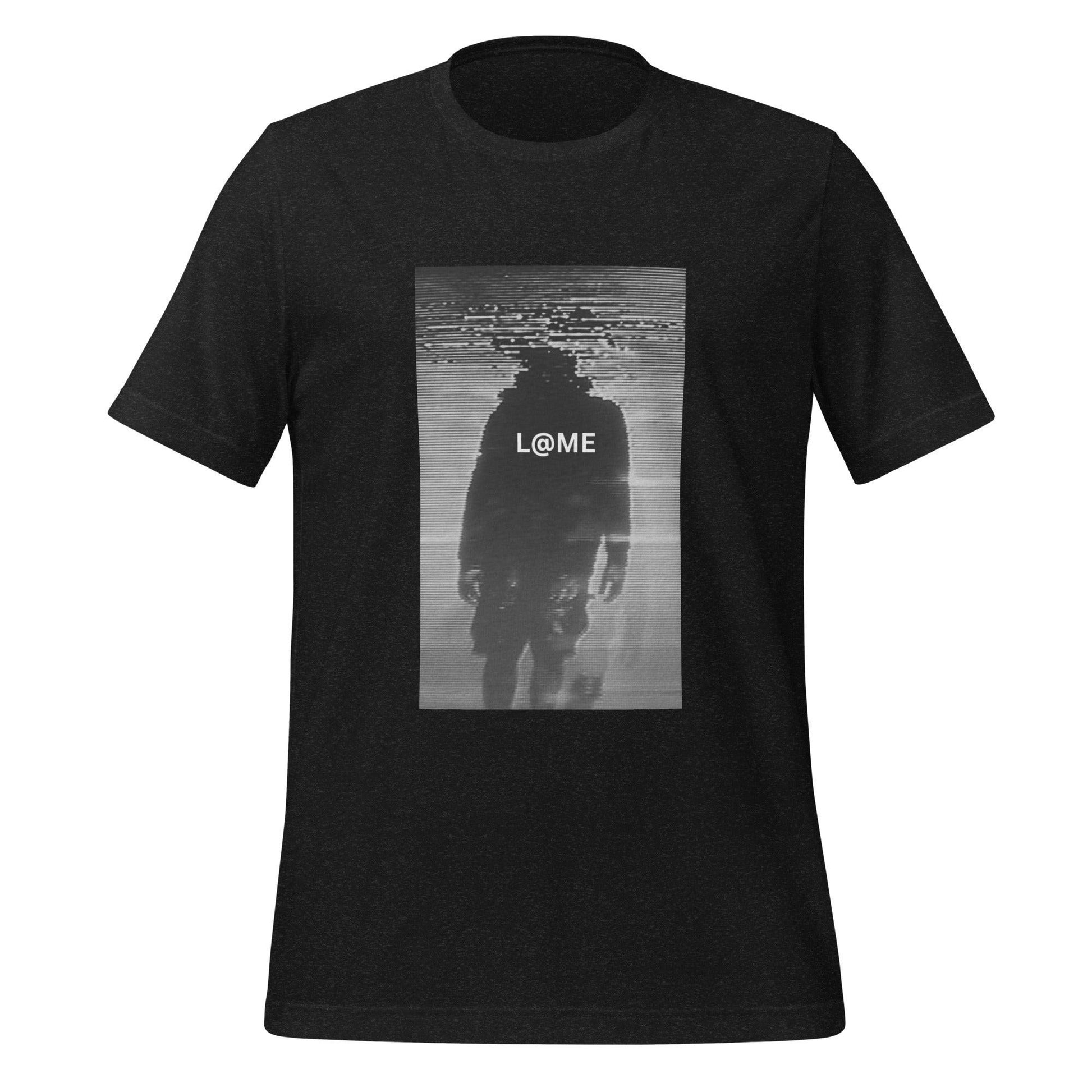 Unisex T-shirt with monochrome glitch figure dissolving into static on soft cotton fabric