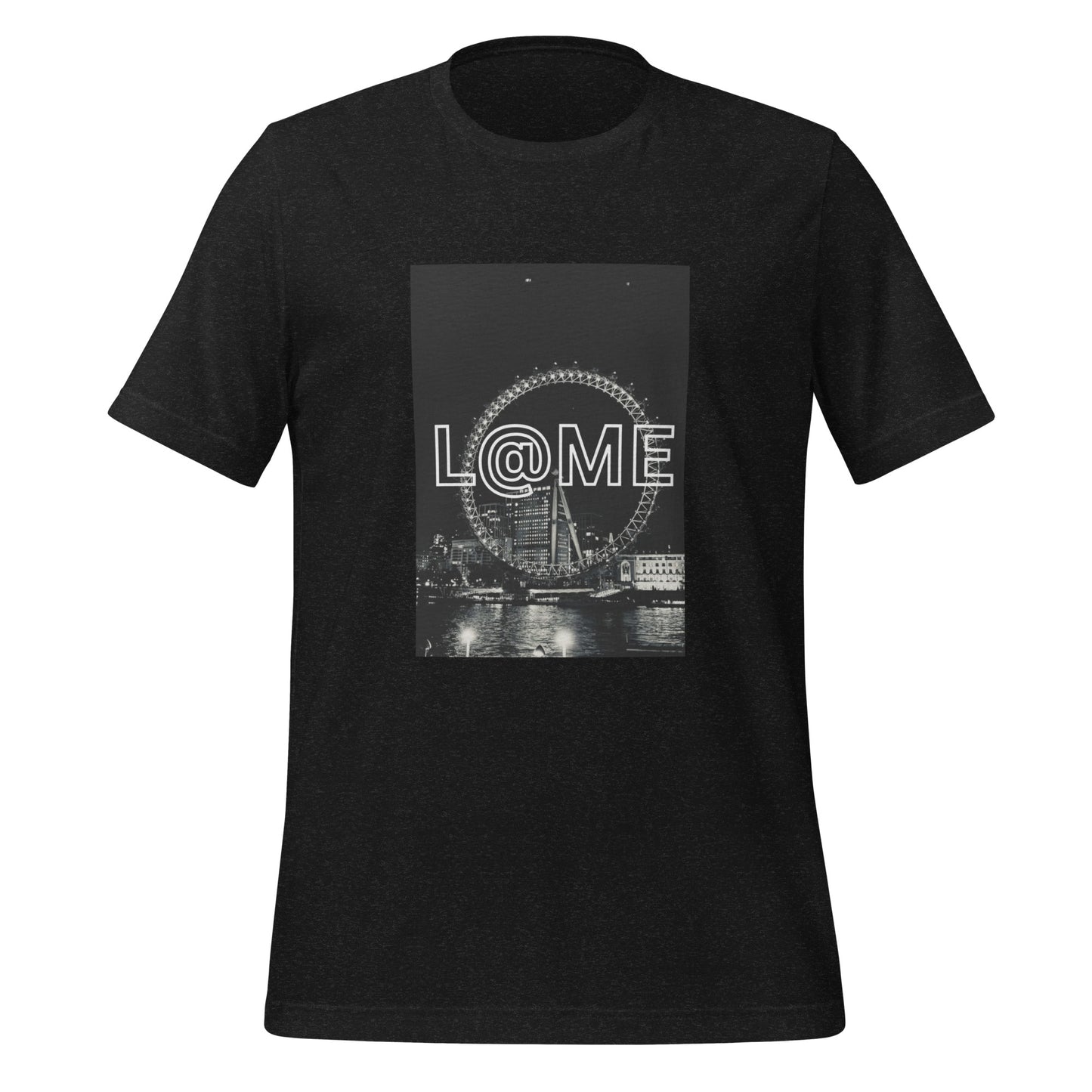 Black and white unisex T-shirt featuring the London Eye nightscape and L@ME logo