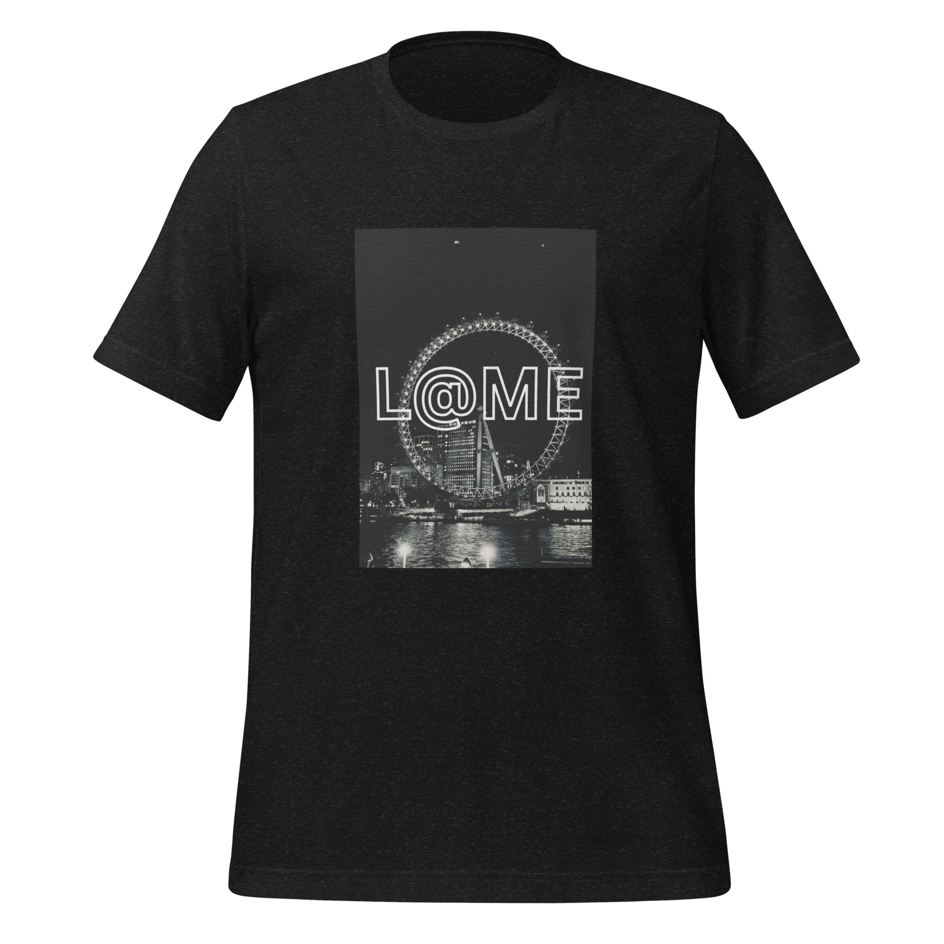 Black and white unisex T-shirt featuring the London Eye nightscape and L@ME logo