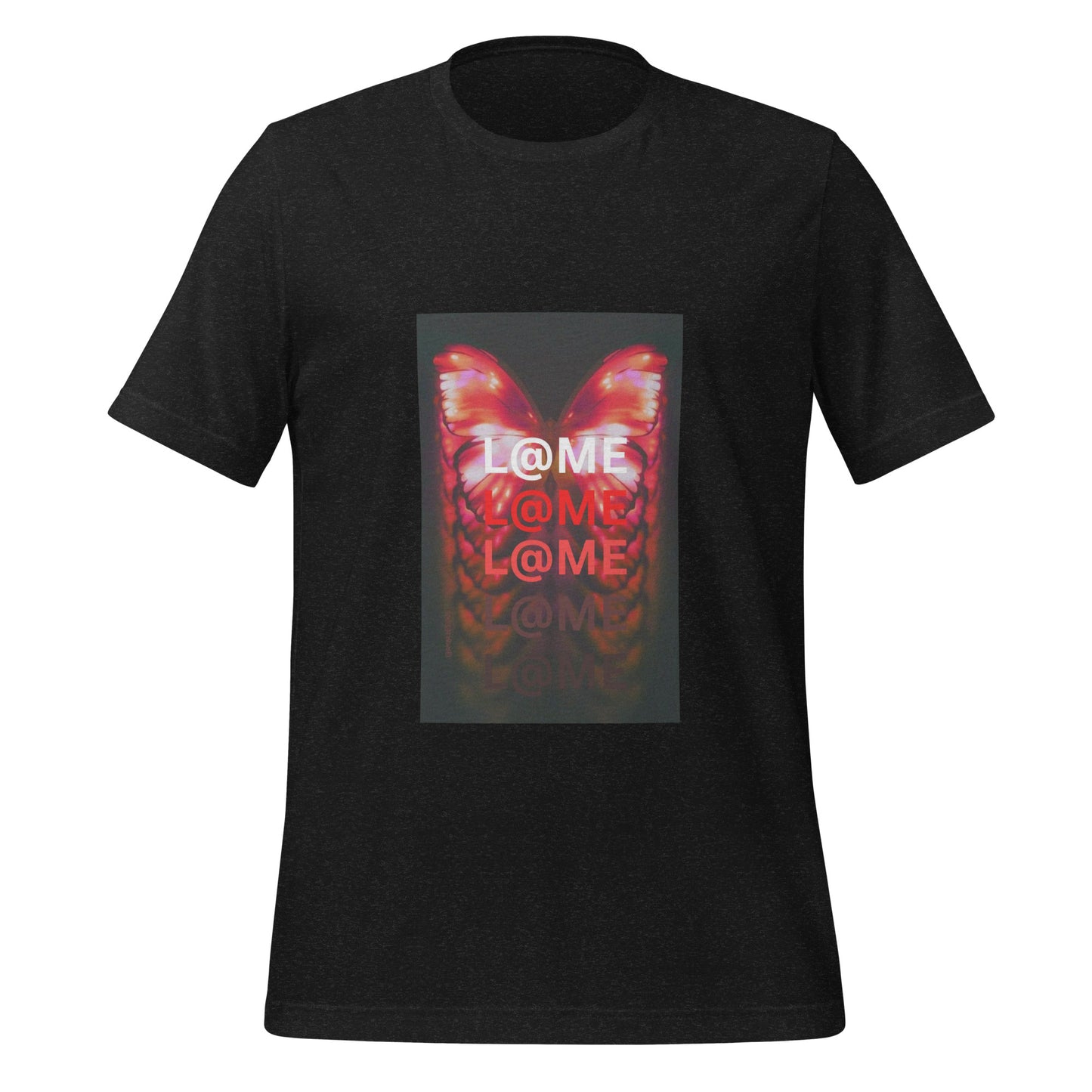 Unisex T-shirt with neon red and orange abstract butterfly wing and L@ME text design