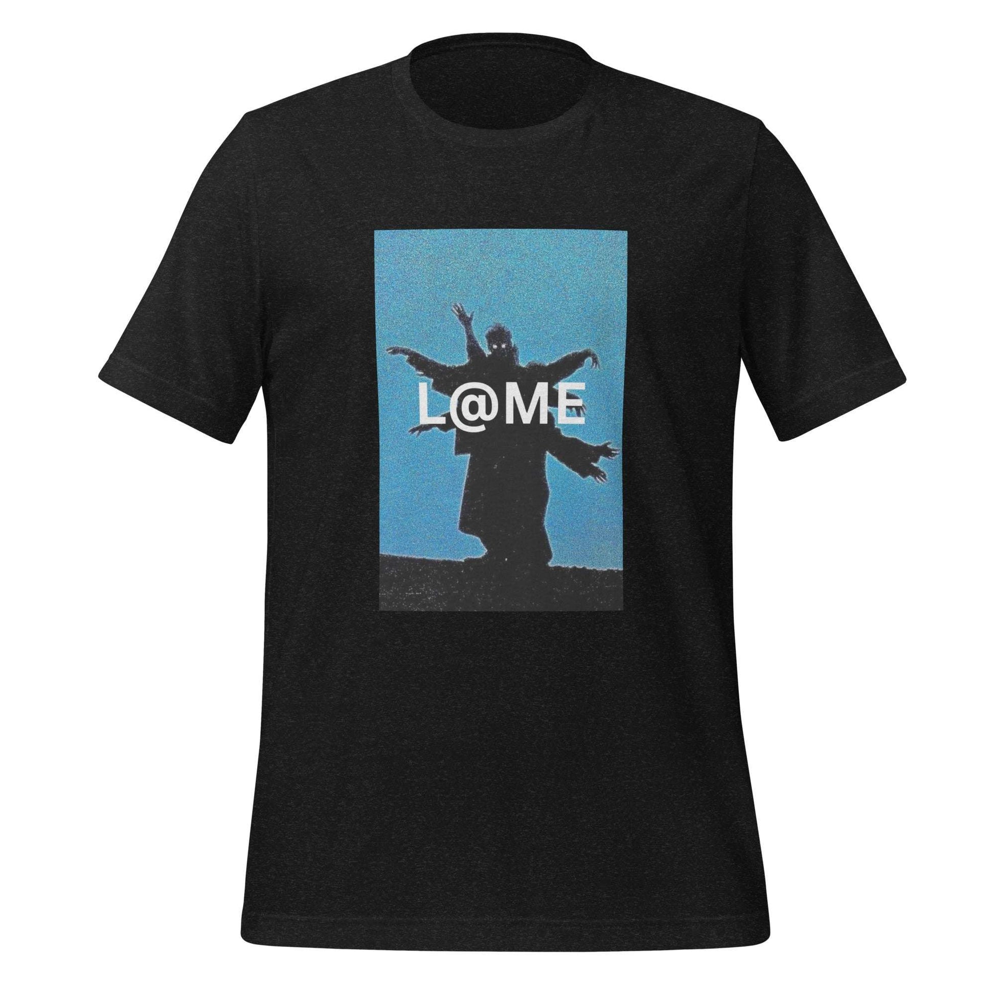 Unisex t-shirt featuring a black silhouette on a vivid sky-blue background.