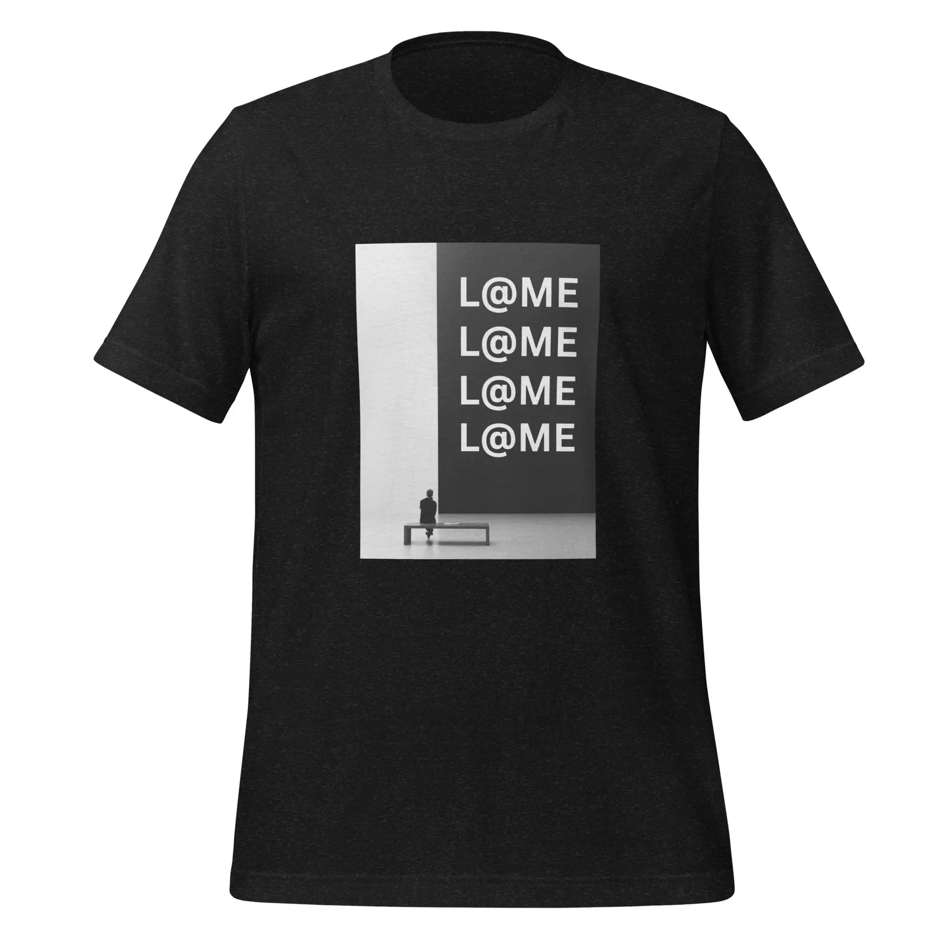 Black-and-white unisex t-shirt featuring minimalist L@ME typography on a clean backdrop.