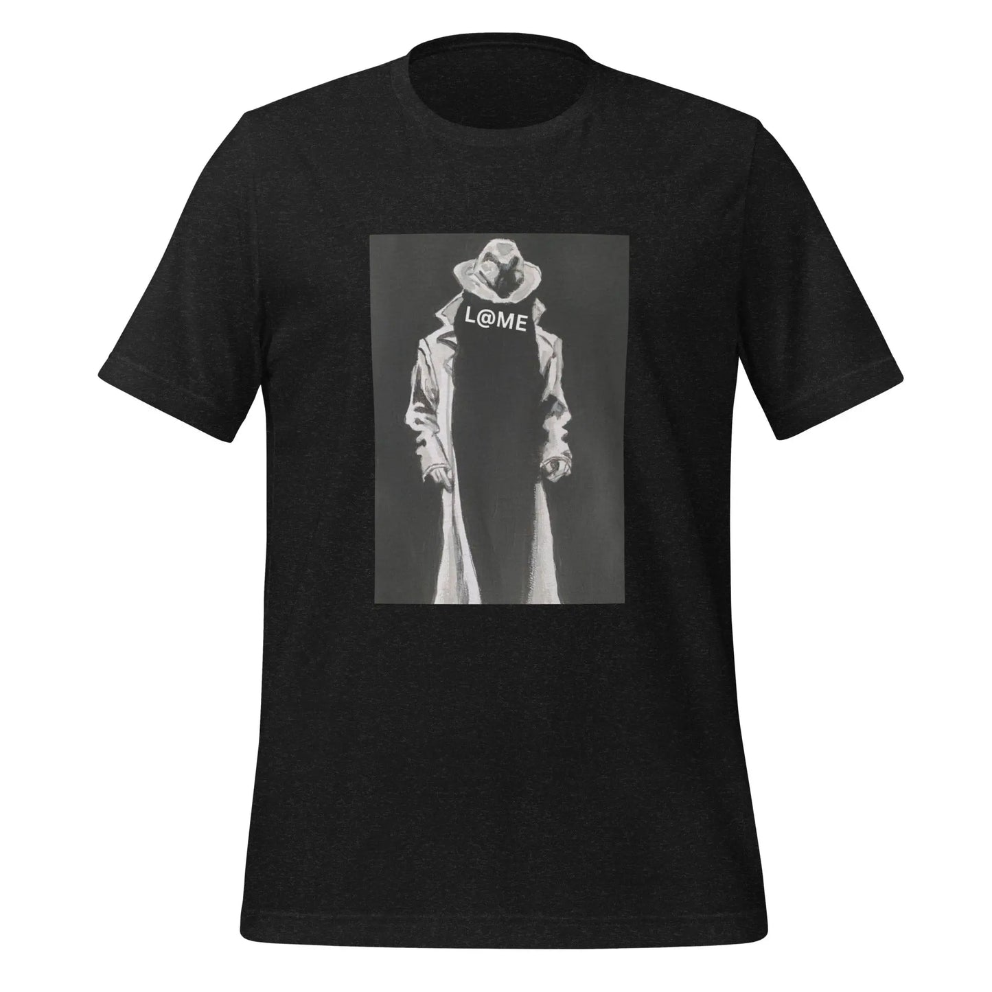Black unisex t-shirt with white trench-coated figure graphic and bold L@ME logo on front