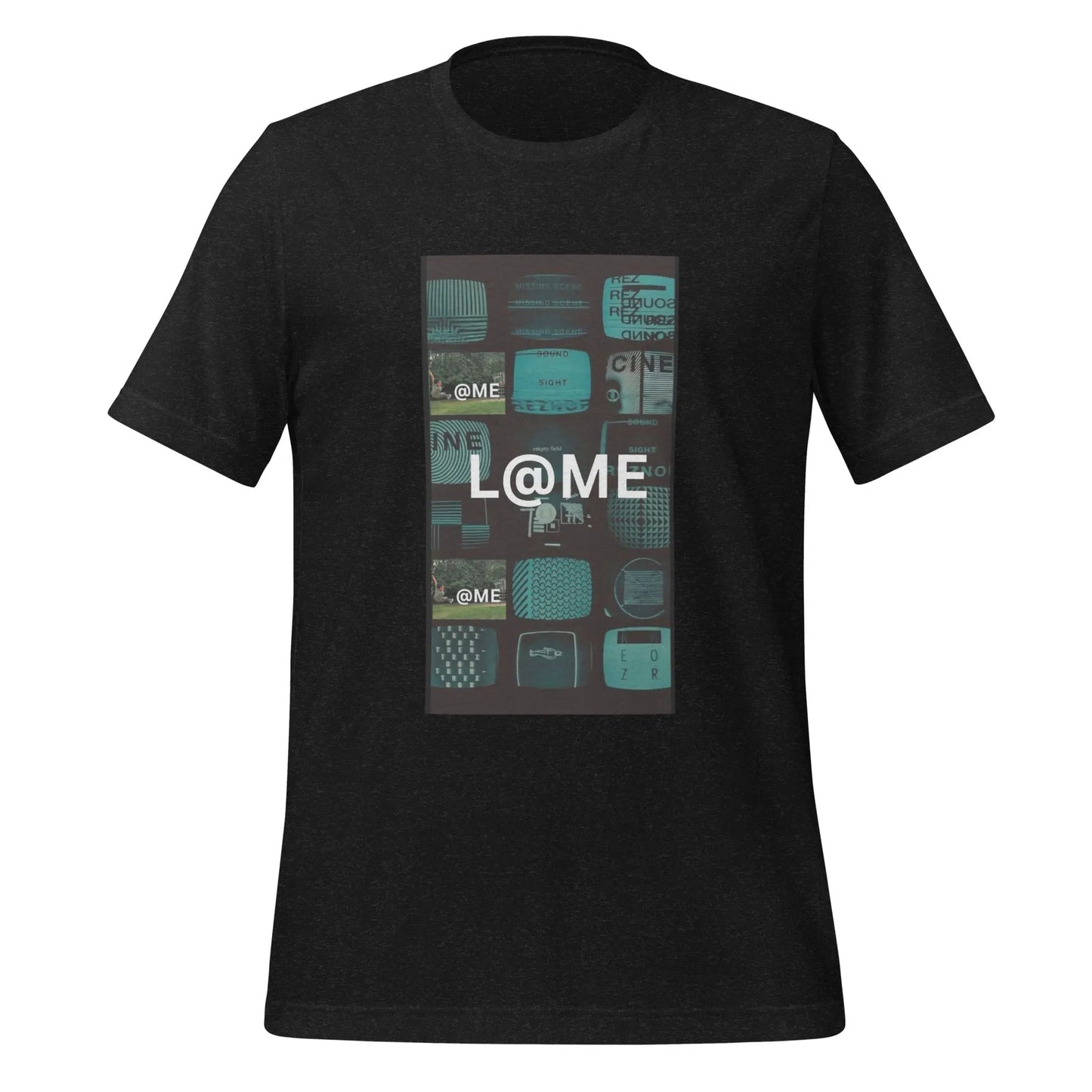 Unisex t-shirt featuring a vintage TV texture design in deep teal and black with L@ME logo.