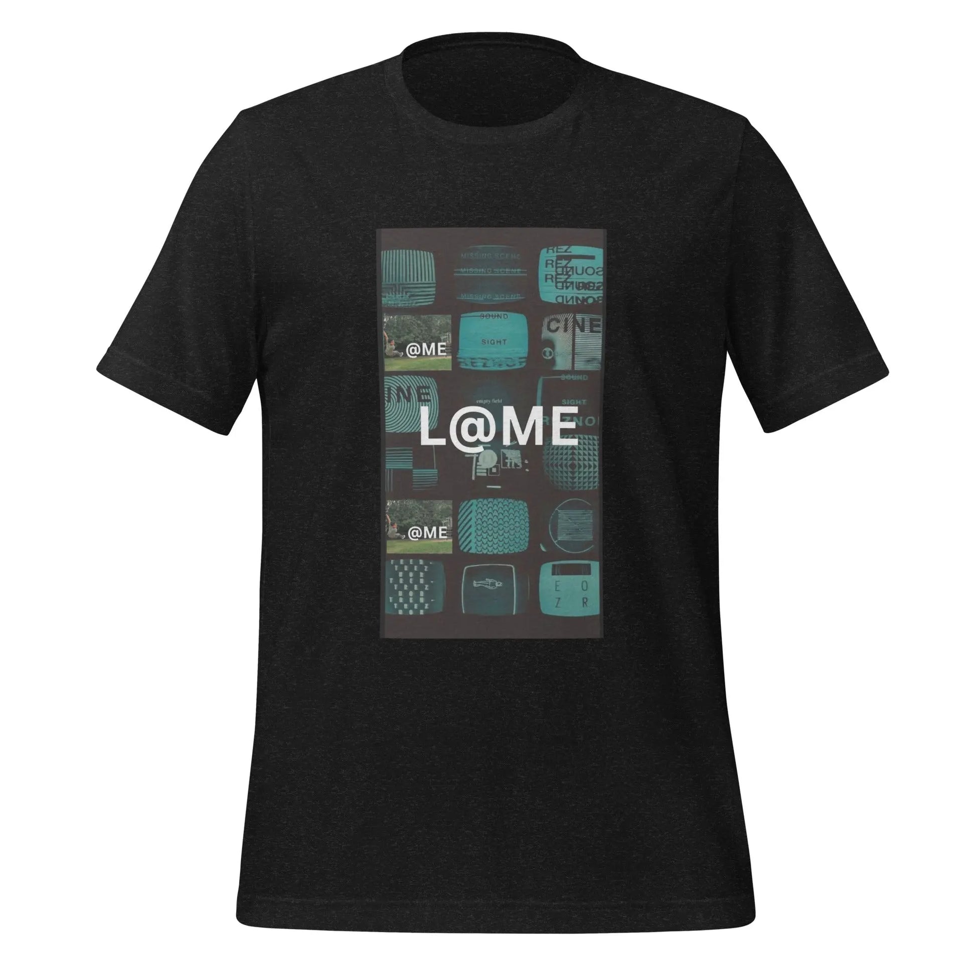 Unisex t-shirt featuring a vintage TV texture design in deep teal and black with L@ME logo.