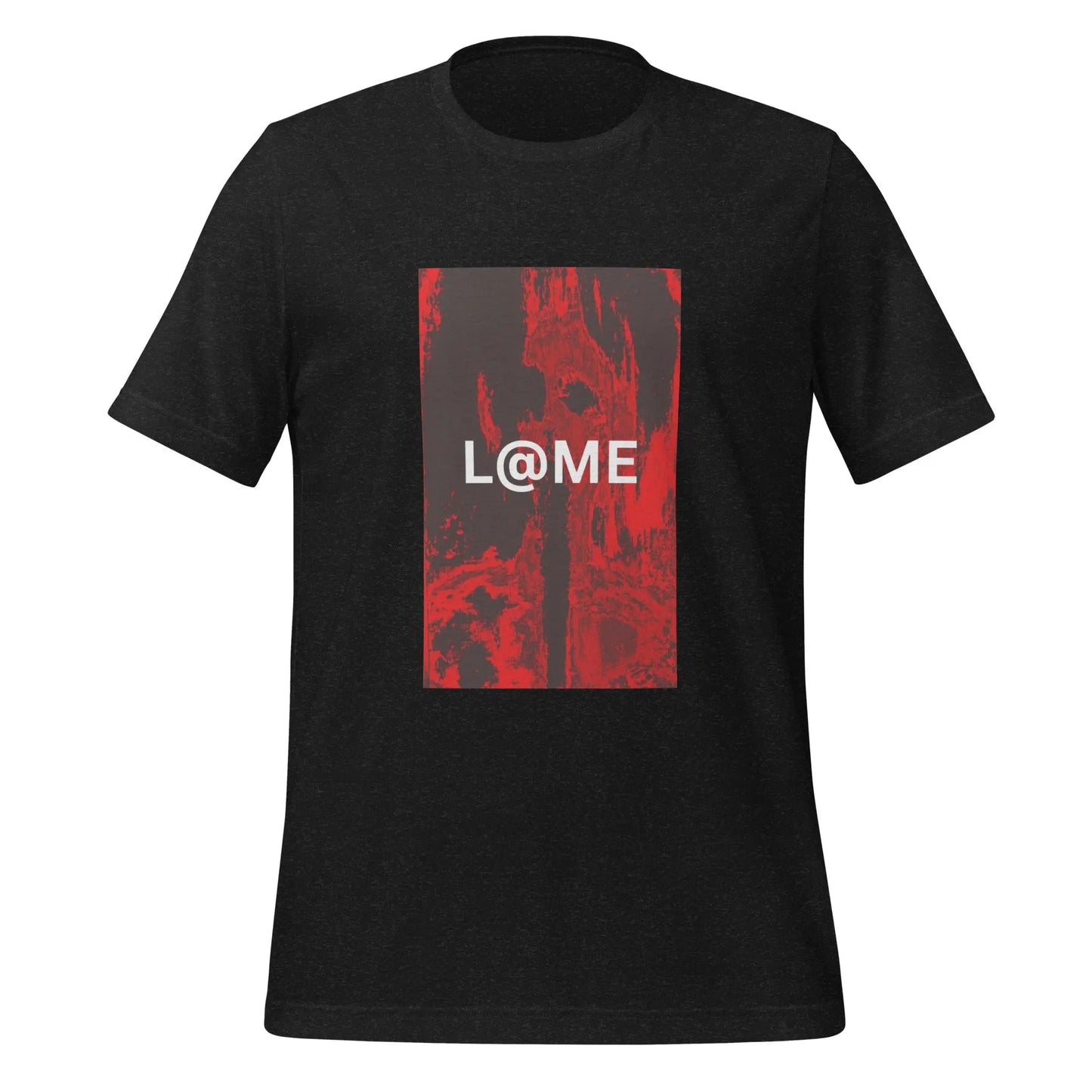 Red unisex T-shirt with abstract flame graphic and white L@ME logo on front