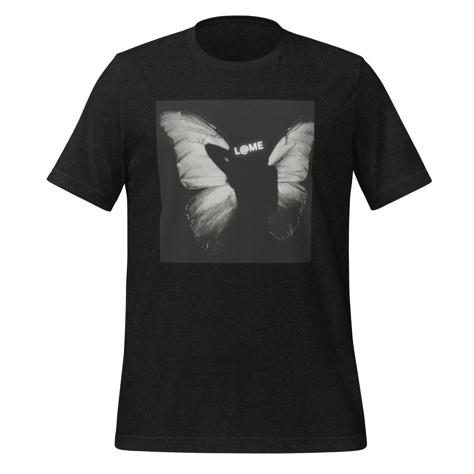 Unisex t-shirt in vivid orange featuring a black-and-white butterfly graphic.