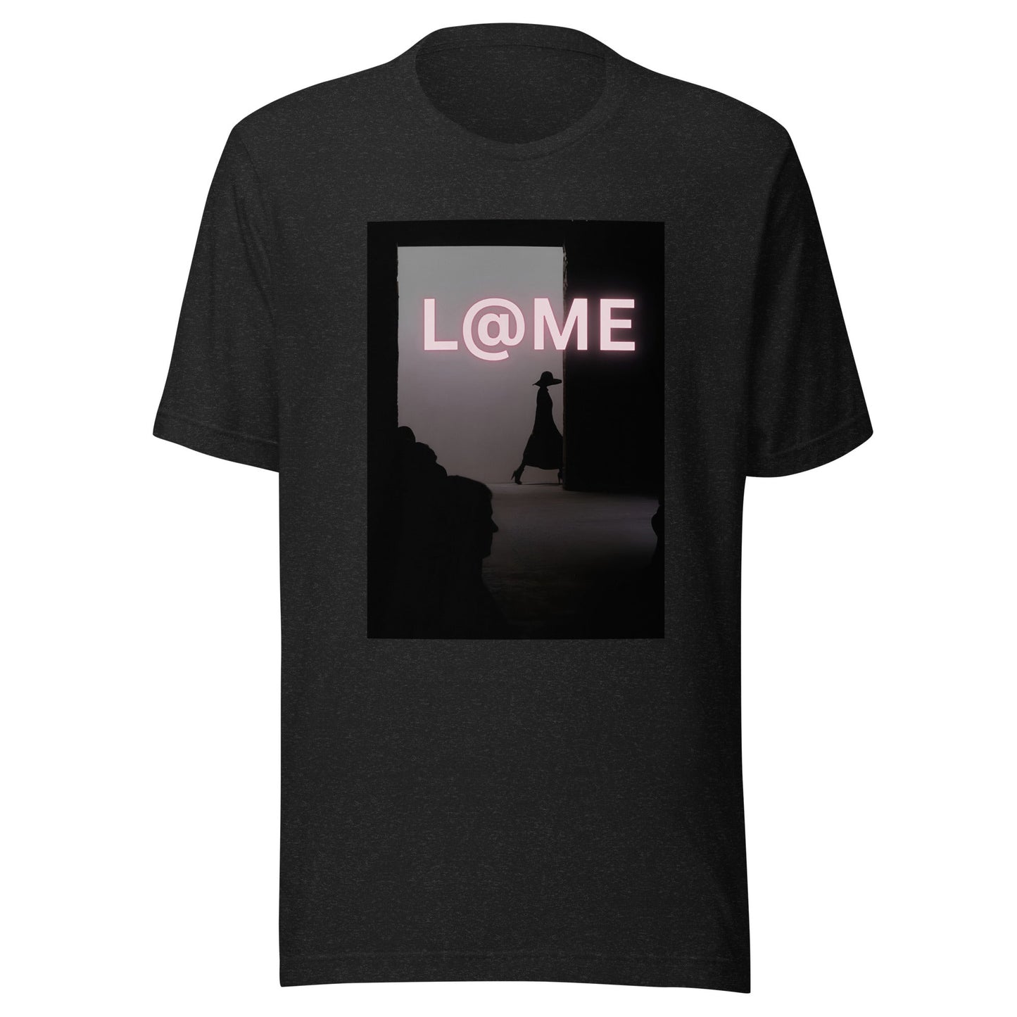 A soft blush-pink unisex tee with a shadowed doorway and bold L@ME logo.