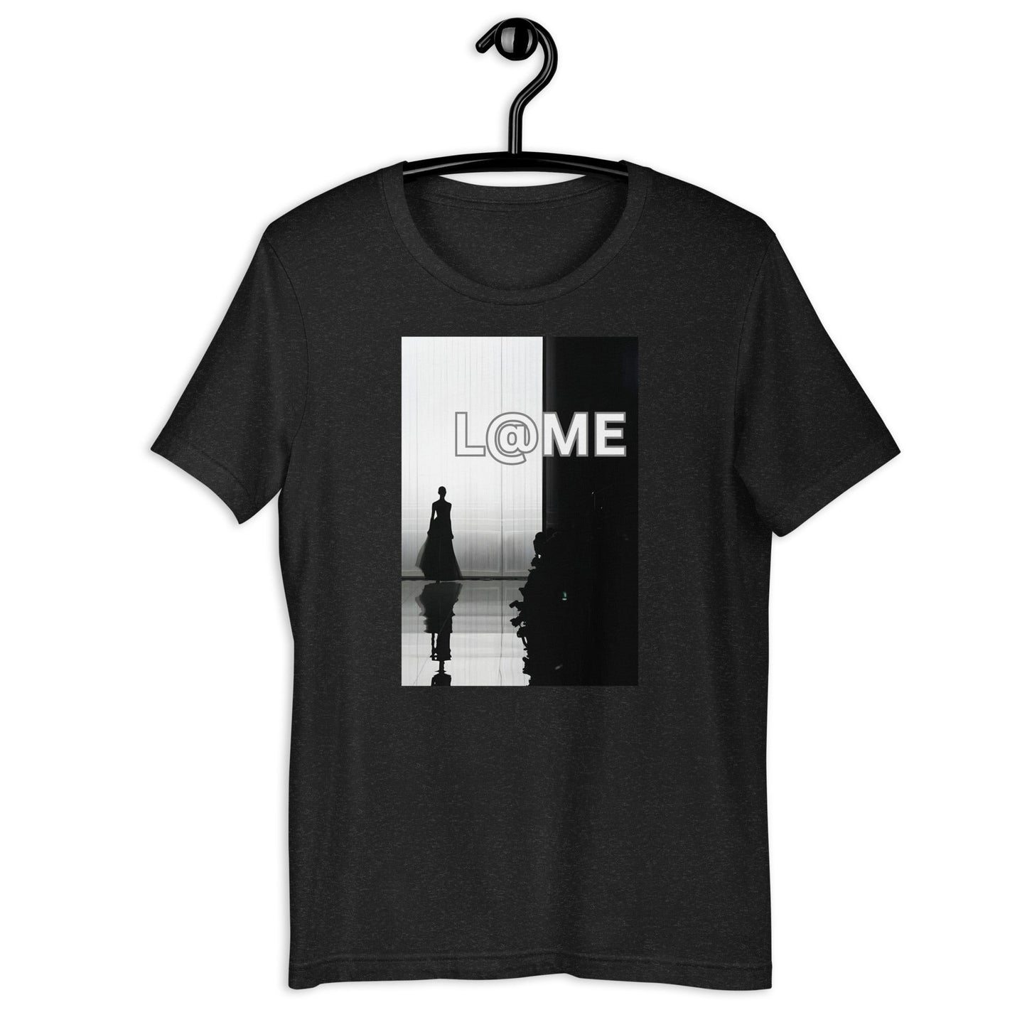 Unisex T-shirt with a monochrome high-fashion runway silhouette on soft cotton fabric