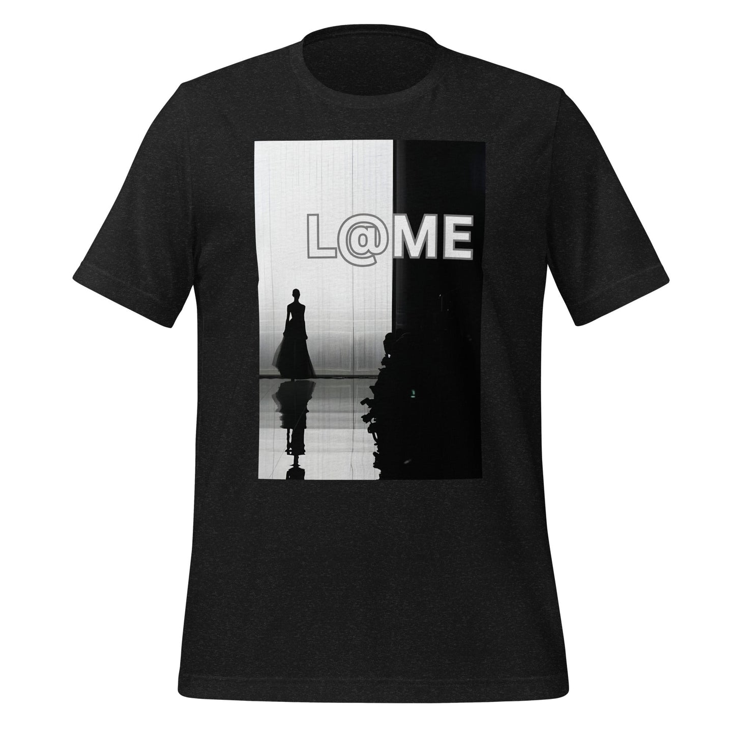 Unisex T-shirt featuring a high-fashion runway figure in bold monochrome design.