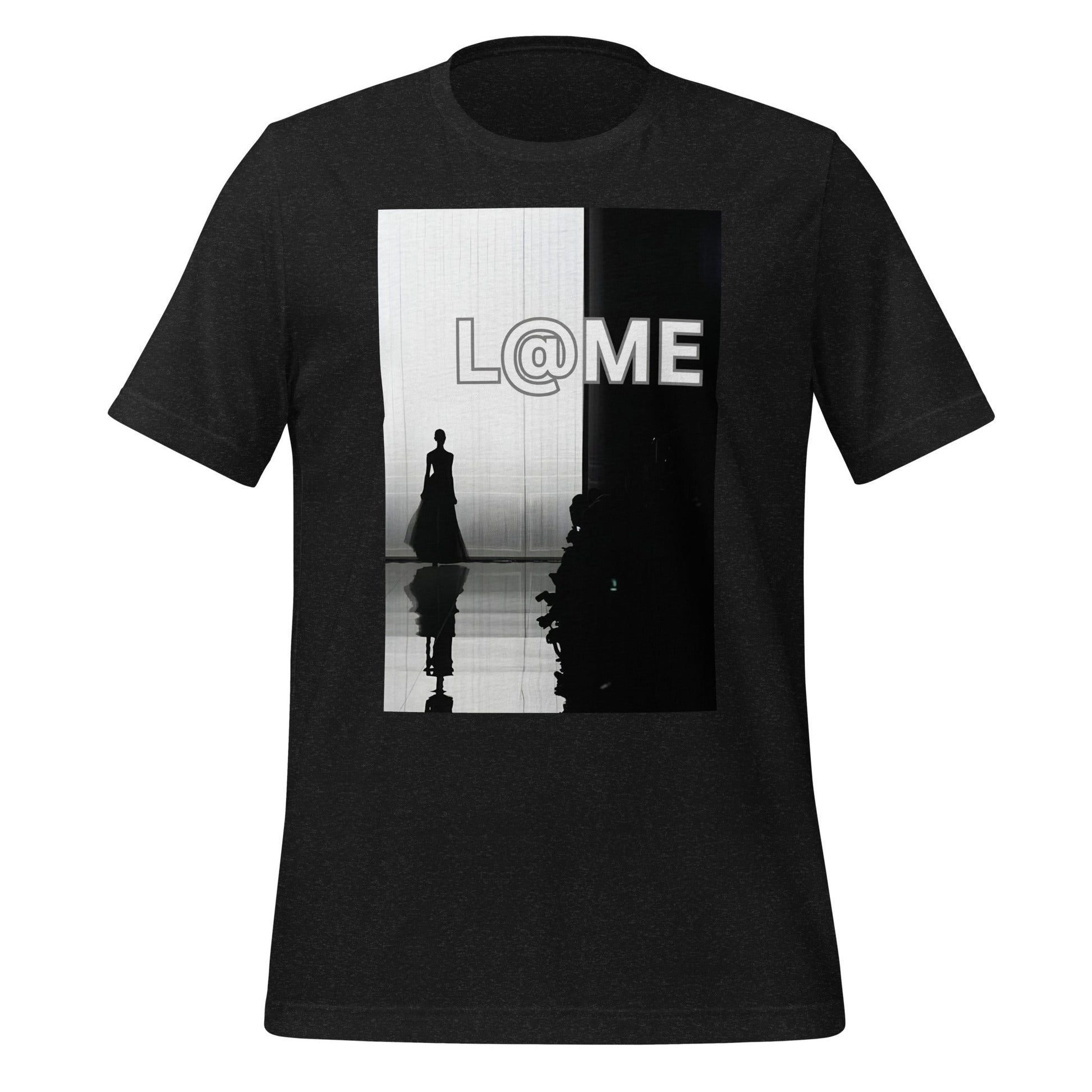 Unisex T-shirt featuring a high-fashion runway figure in bold monochrome design.
