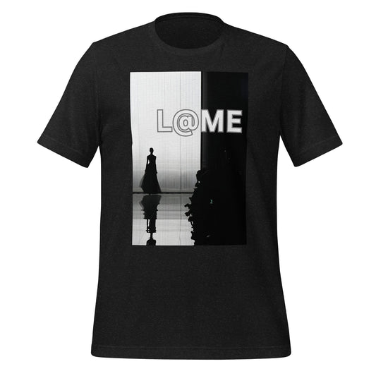 Unisex T-shirt featuring a high-fashion runway figure in bold monochrome design.
