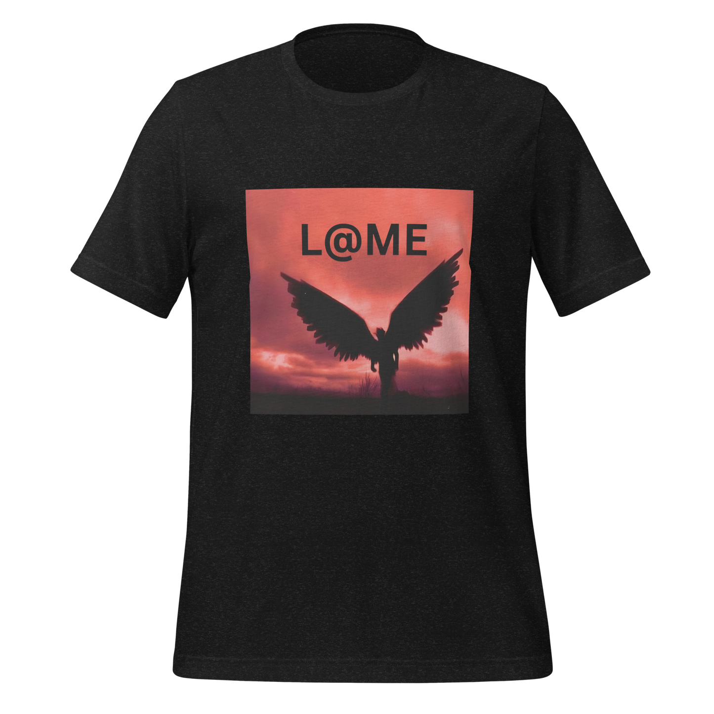 Unisex t-shirt featuring a fiery dusk sky and angel wings behind the L@ME logo.