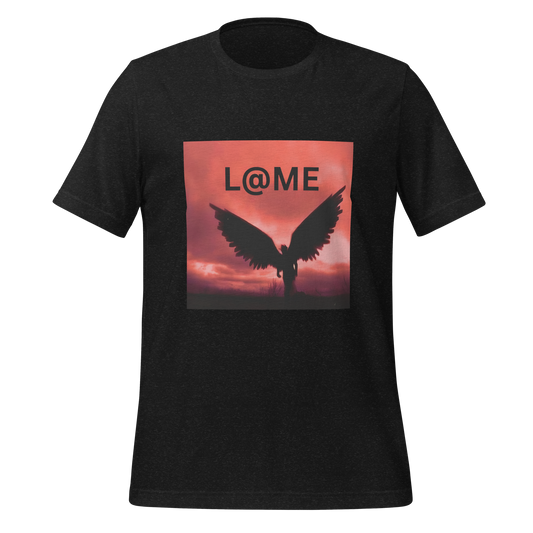 Unisex t-shirt featuring a fiery dusk sky and angel wings behind the L@ME logo.