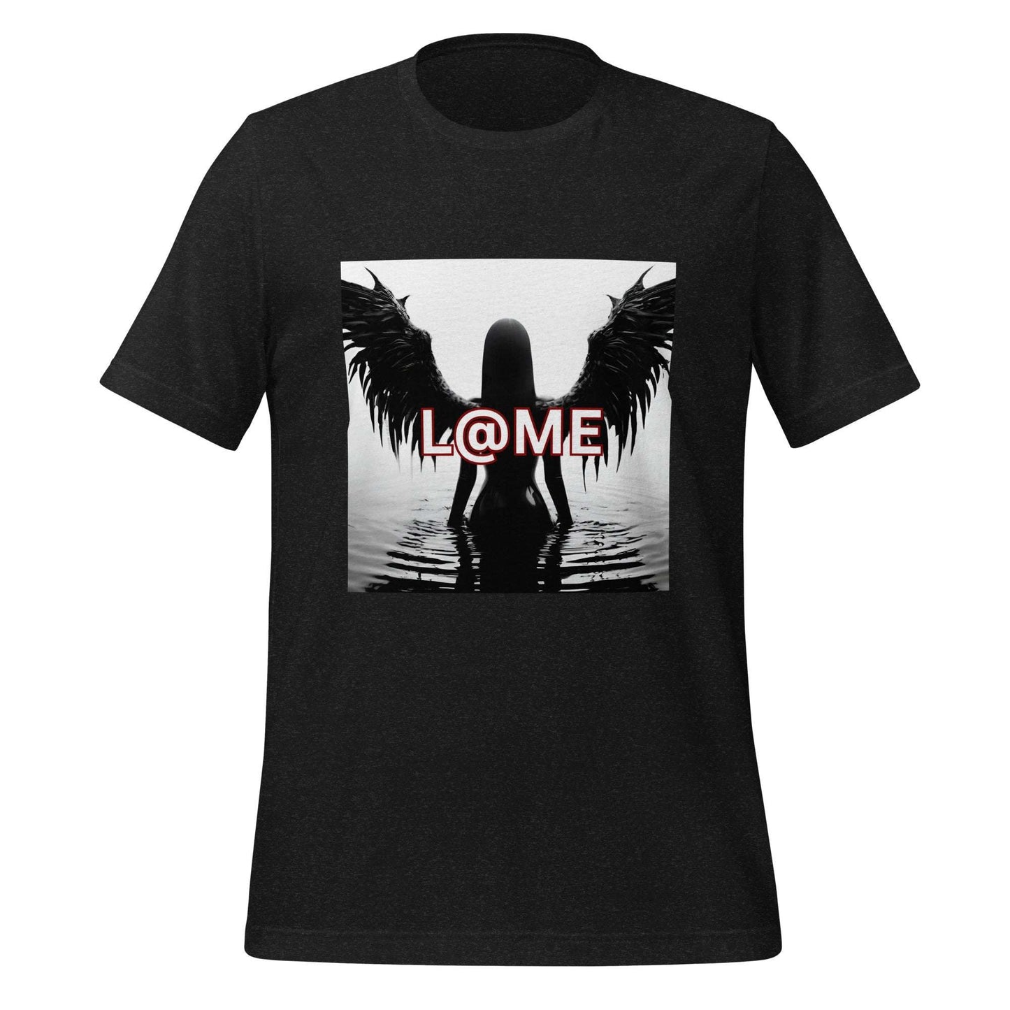 Black tee featuring striking wings design and the word "LAME" in bold lettering.