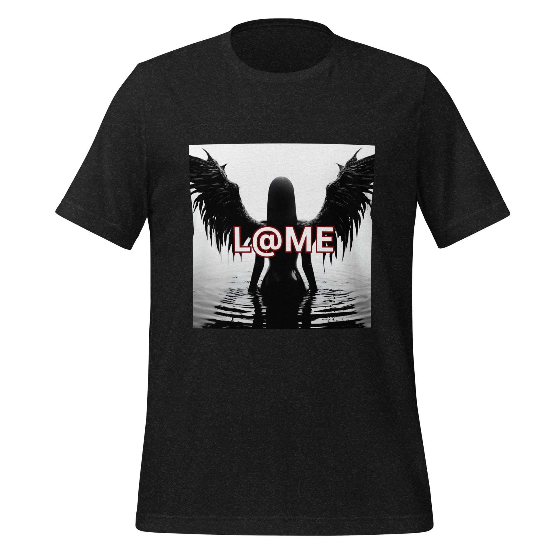 Black tee featuring striking wings design and the word "LAME" in bold lettering.