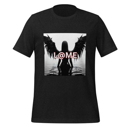 Black tee featuring striking wings design and the word "LAME" in bold lettering.