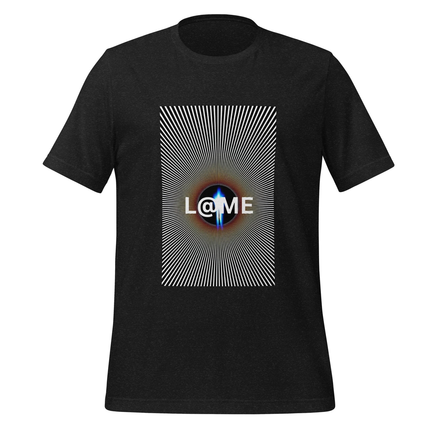 Black-and-white graphic t-shirt featuring a central optical illusion design.