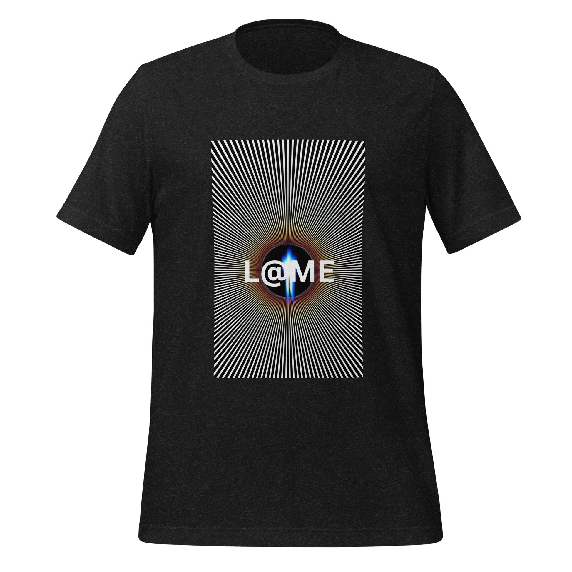 Black-and-white graphic t-shirt featuring a central optical illusion design.