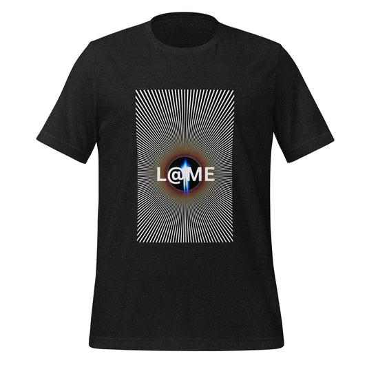 Black-and-white graphic t-shirt featuring a central optical illusion design.