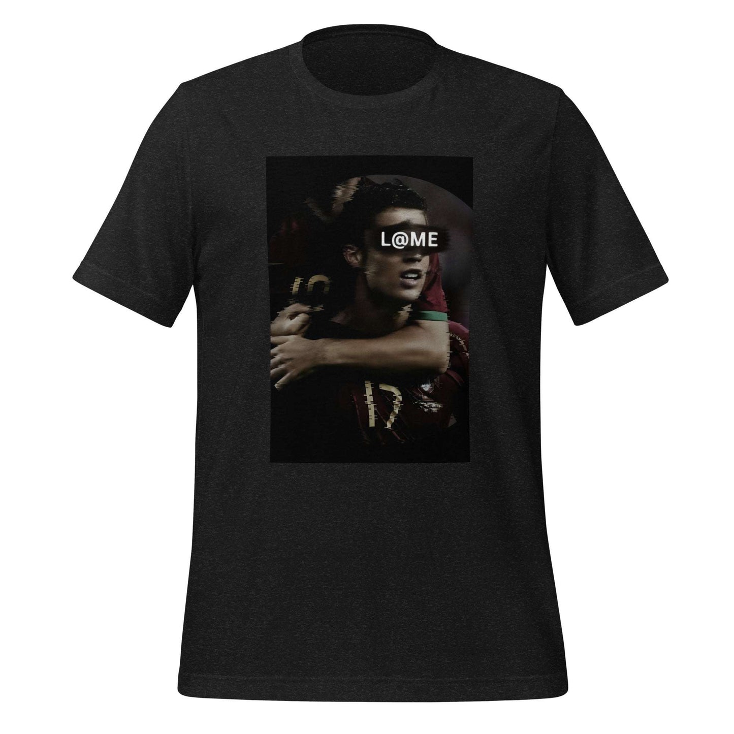 Black-and-red graphic t-shirt featuring a portrait design and the L@ME logo across the eyes.