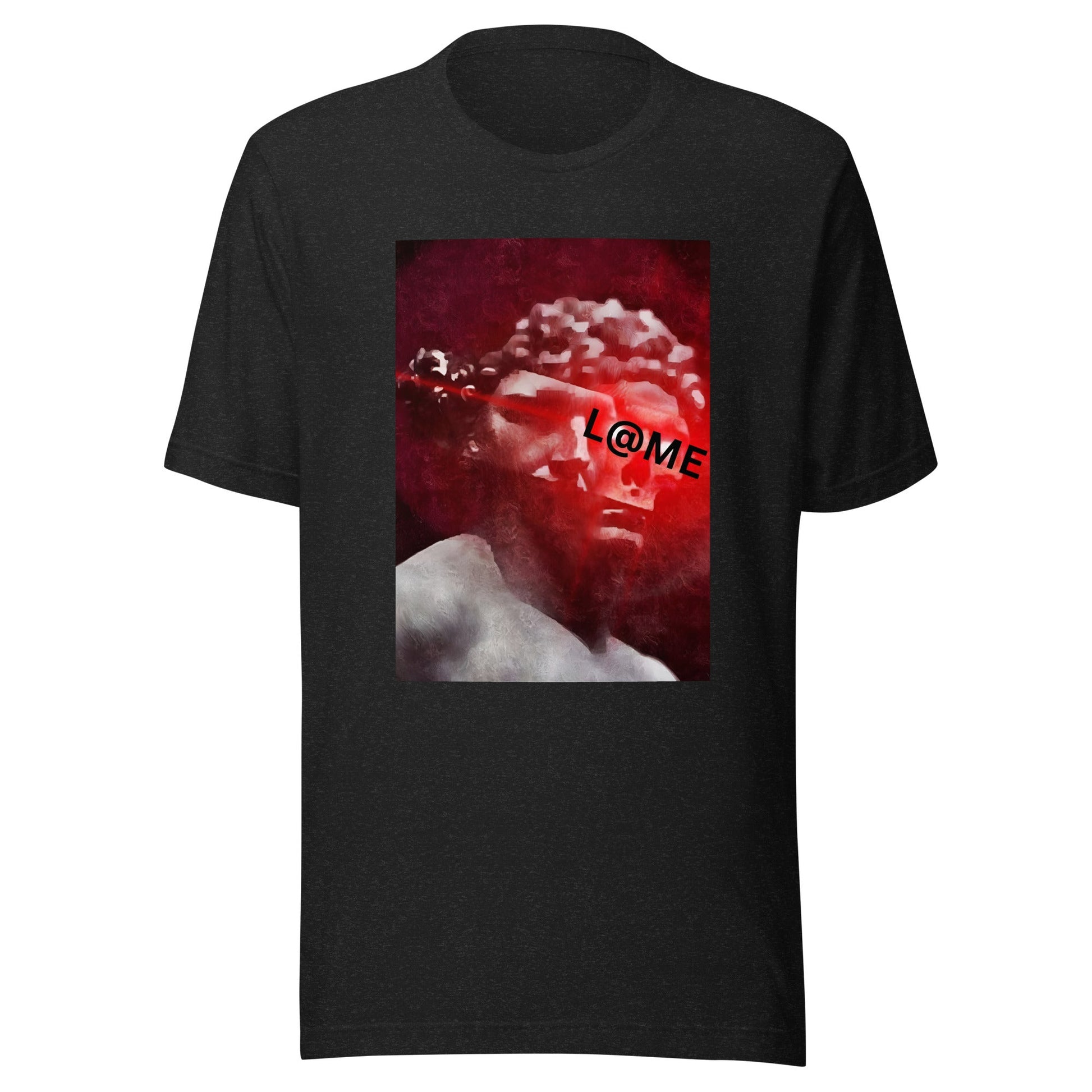 Red cotton t-shirt with grayscale statue graphic and L@ME branding on front.