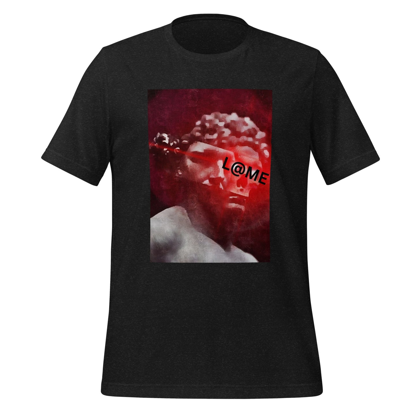 Red cotton t-shirt featuring a grayscale statue graphic and L@ME branding.