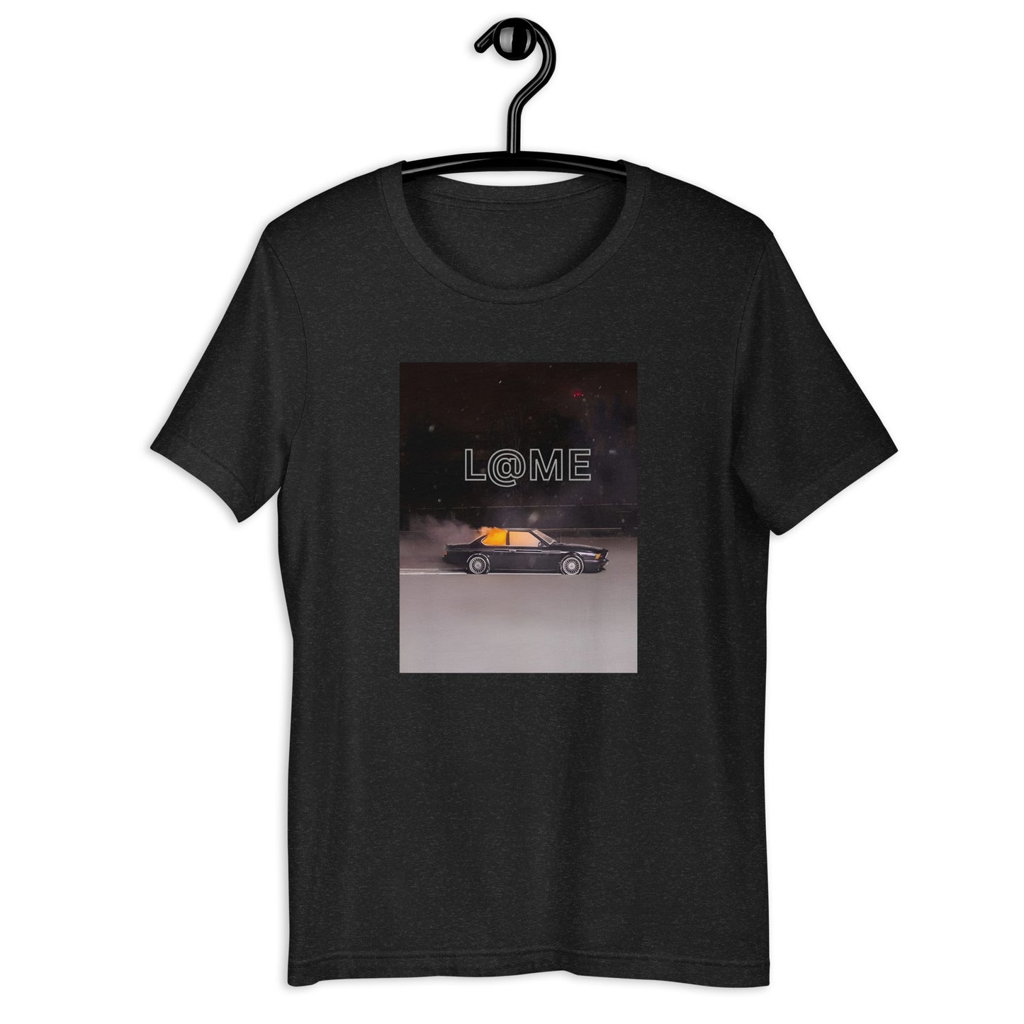 Black graphic t-shirt featuring a retro car design under neon skies and the L@ME logo.
