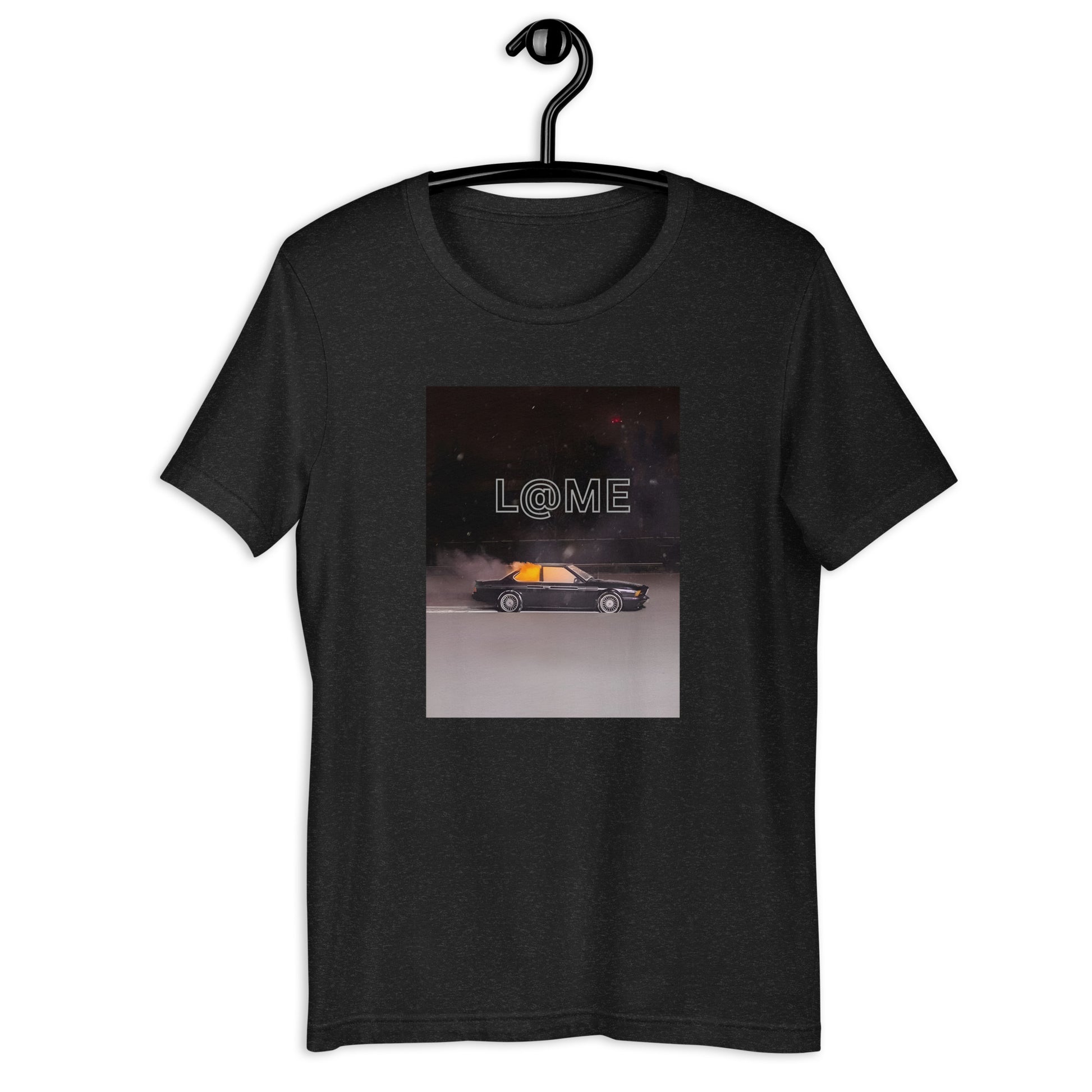 Black graphic t-shirt featuring a retro car design under neon skies and the L@ME logo.