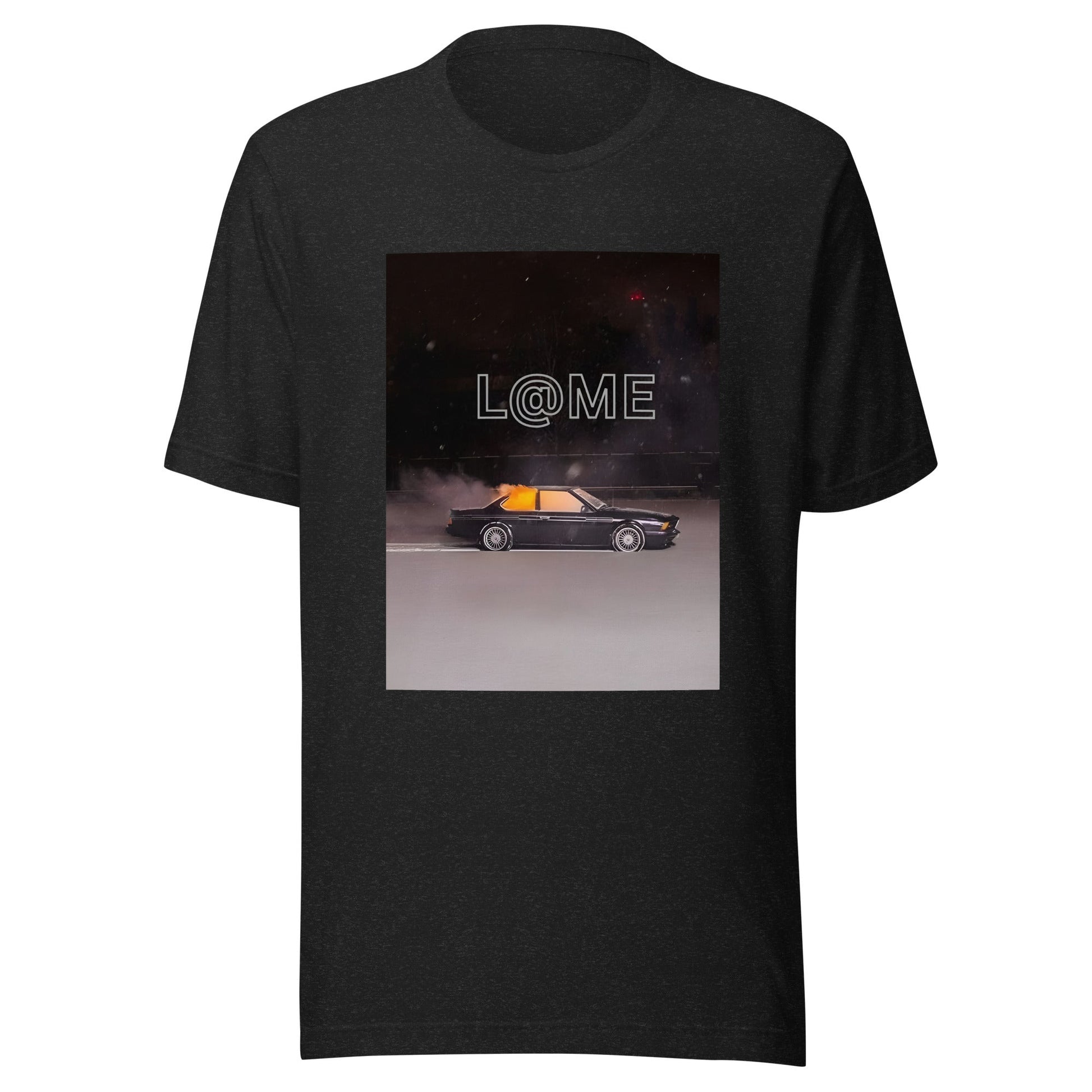 Black graphic t-shirt featuring a retro car design under neon skies with the L@ME logo.