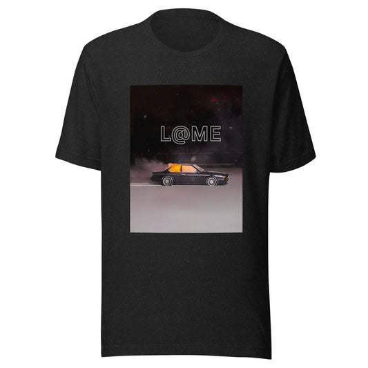 Black graphic t-shirt featuring a retro car design under neon skies with the L@ME logo.