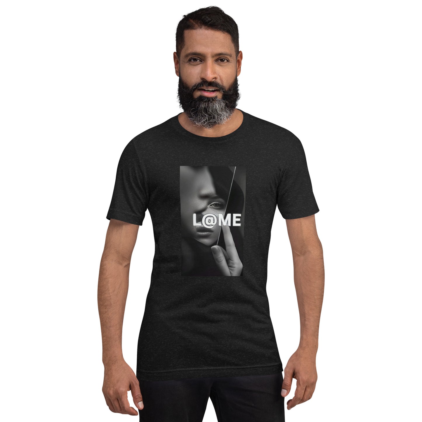 Black and white graphic t-shirt with shattered portrait and L@ME logo on front