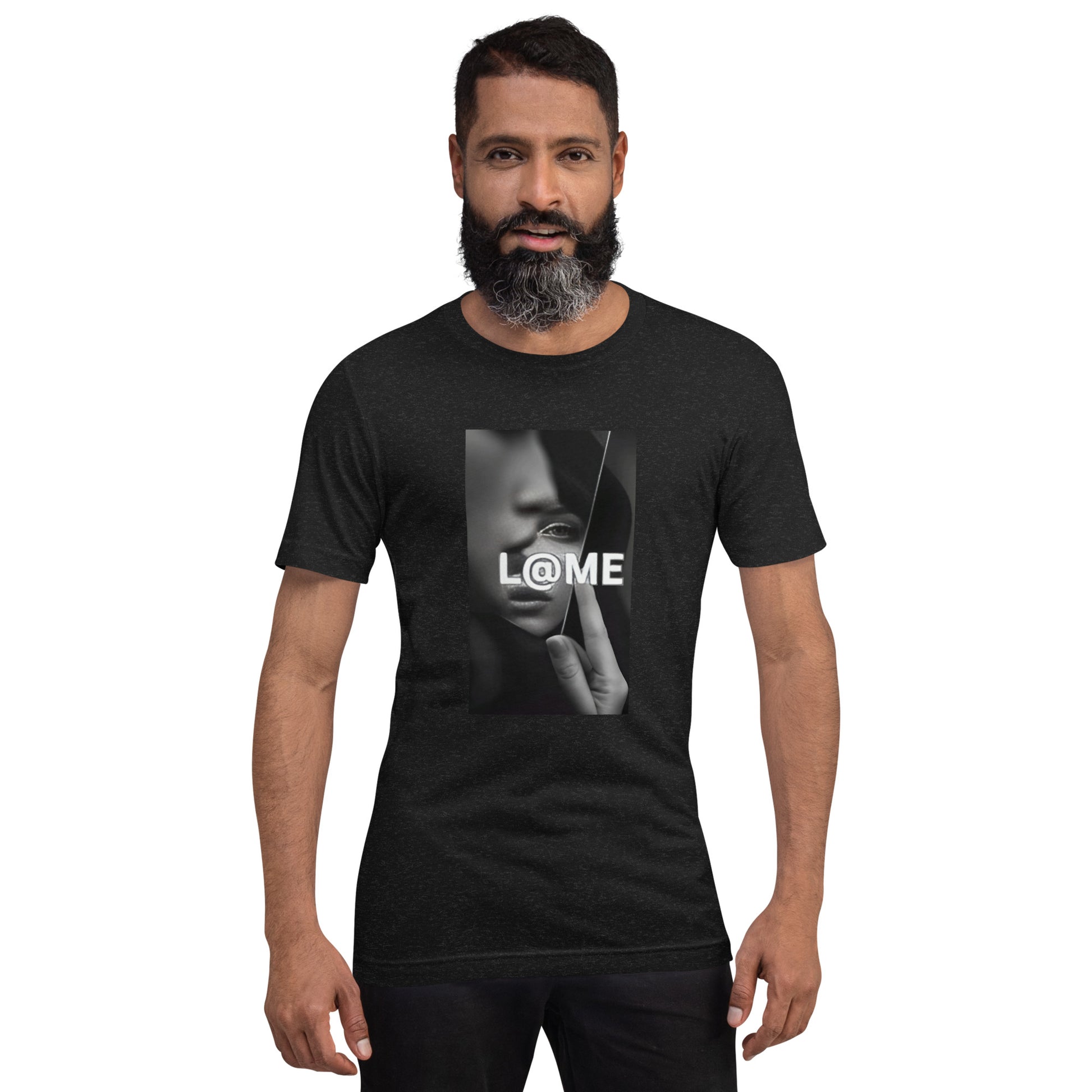 Black and white graphic t-shirt with shattered portrait and L@ME logo on front
