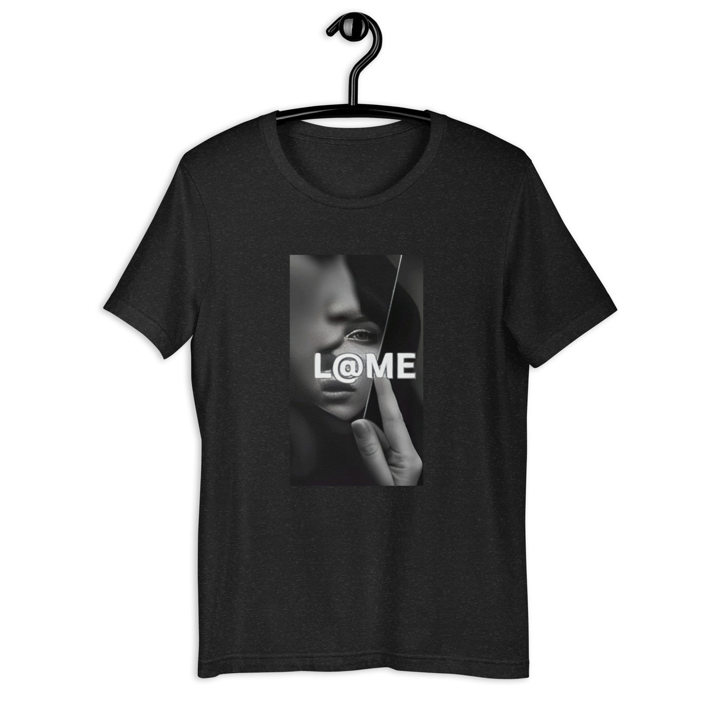 Black and white graphic T-shirt with shattered portrait and L@ME logo on front