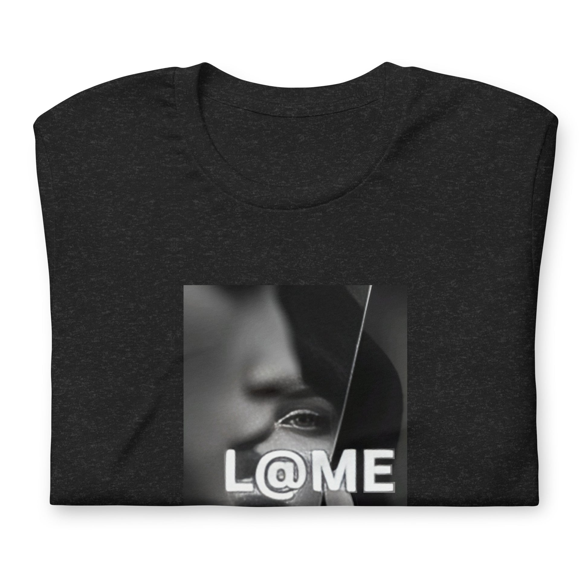 Black graphic t-shirt featuring a shattered monochrome portrait and bold L@ME logo.