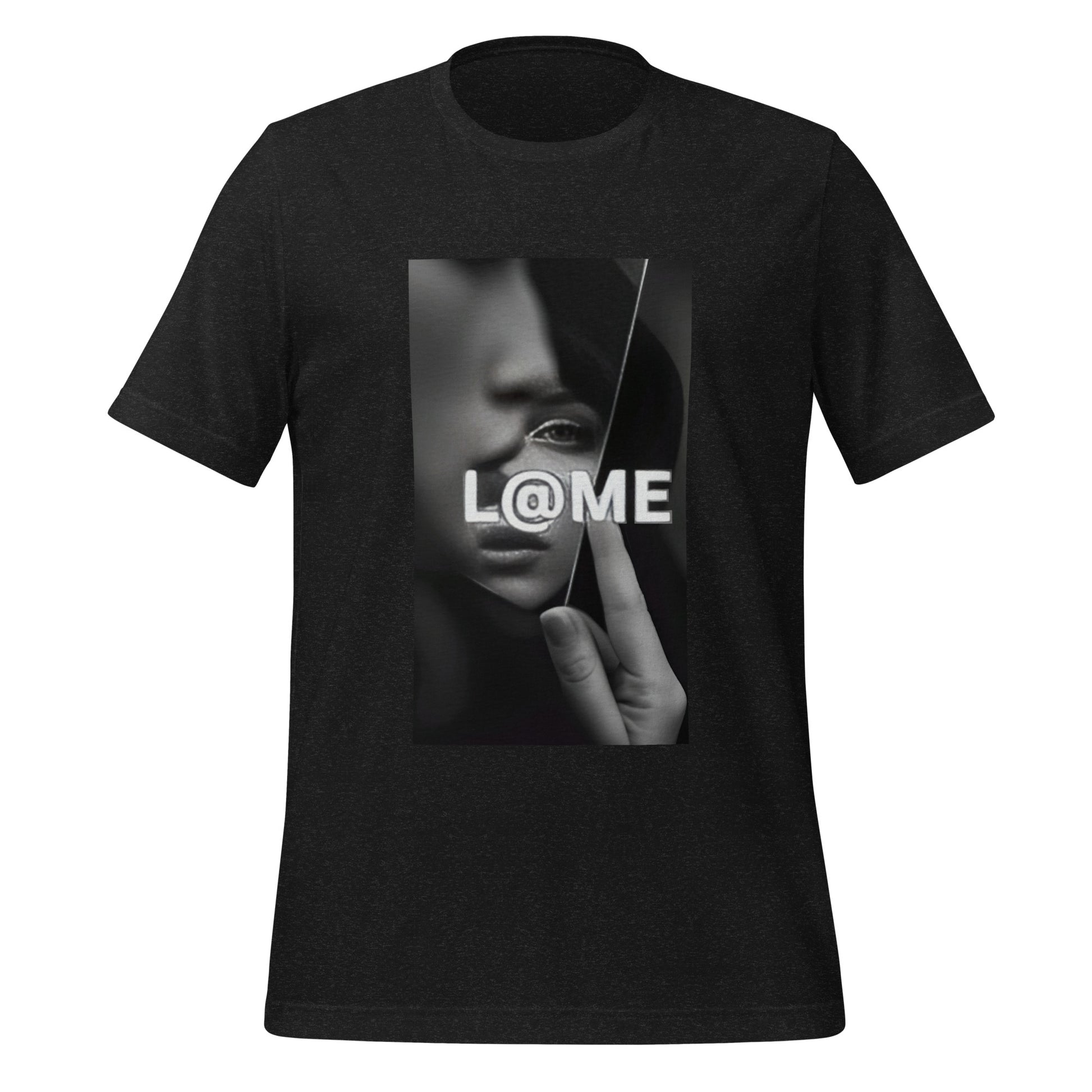 L@ME T-shirt with shattered monochrome portrait and bold logo on front in black and white colors