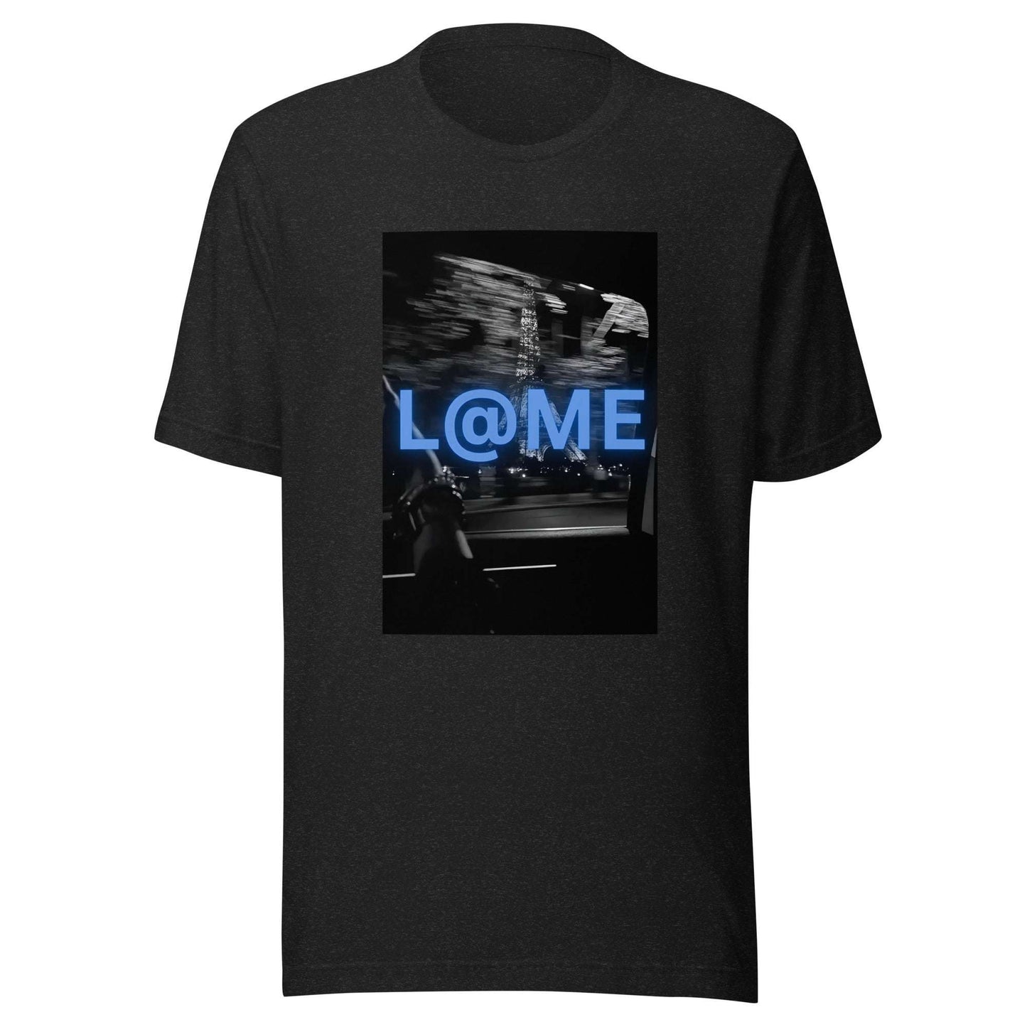 Blue neon graphic t-shirt with an electric logo on a blurred city background.