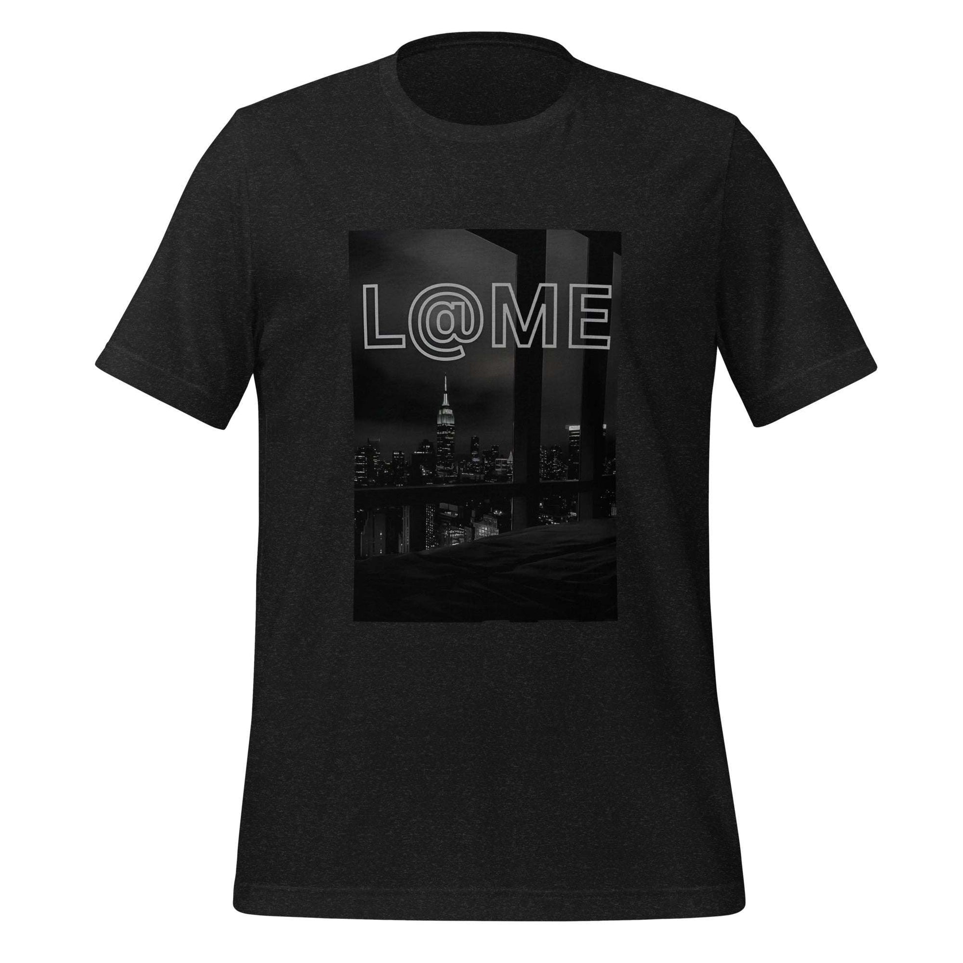 Black-and-white cityscape t-shirt featuring the L@ME logo in neon colors.