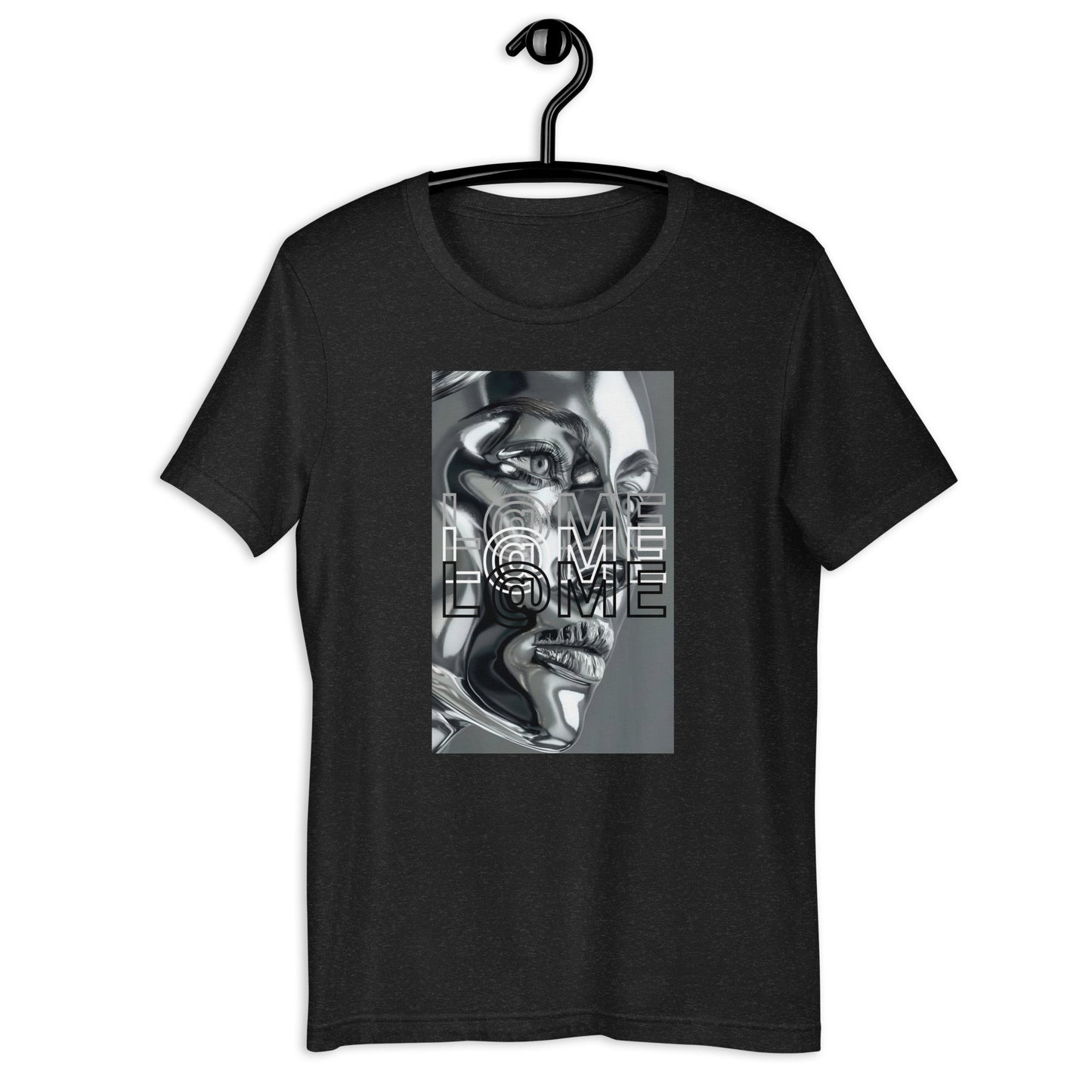 Black t-shirt with a metallic chrome face graphic and L@ME logo on the front.