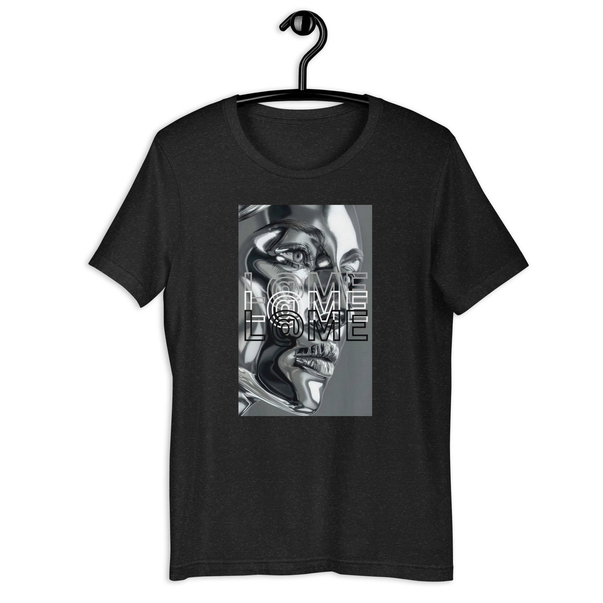 Black t-shirt with a metallic chrome face graphic and L@ME logo on the front.