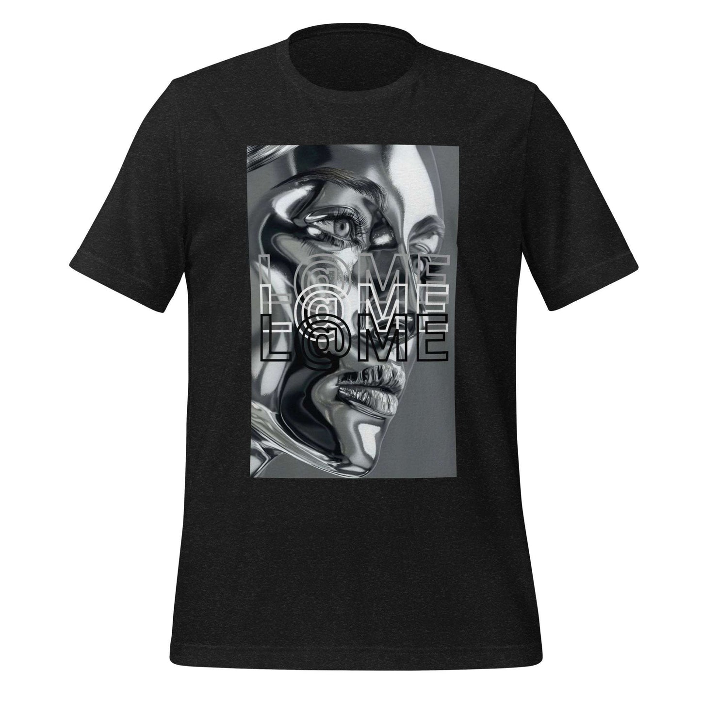 L@ME T-Shirt mit futuristischem Chrom-Gesichtsgrafik und L@ME-Logo auf der Vorderseite