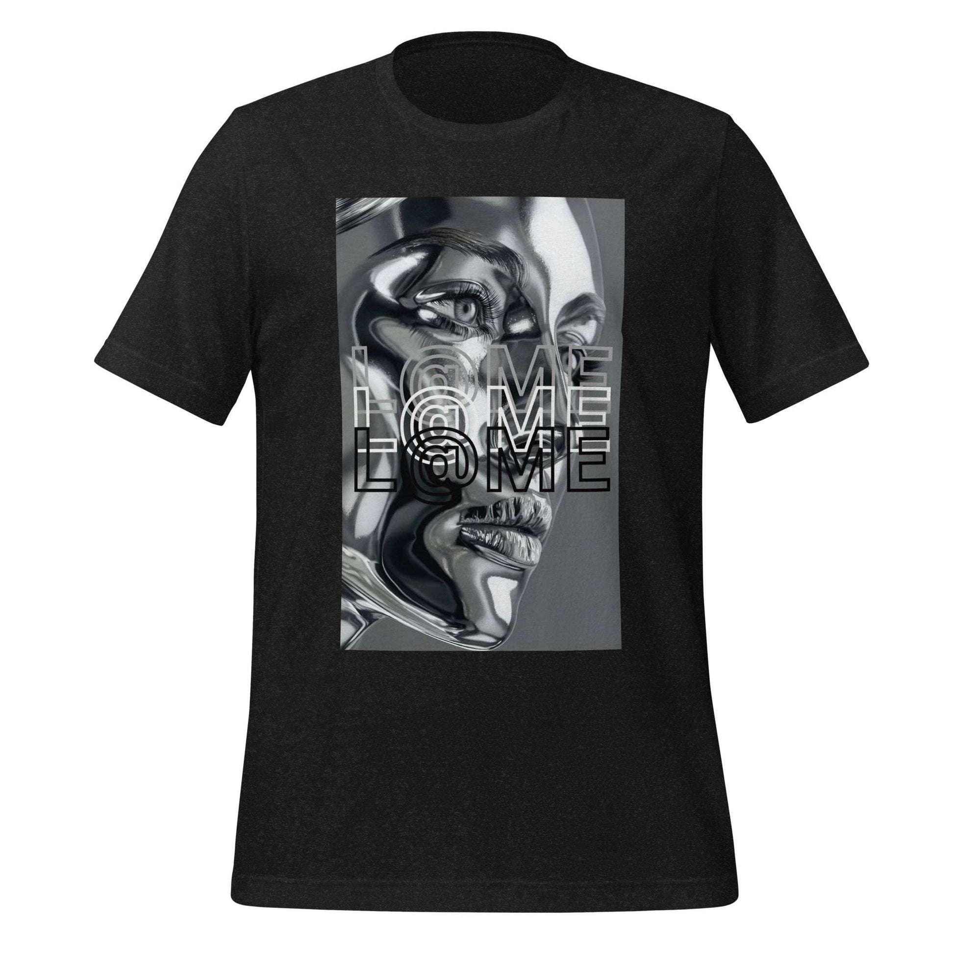 L@ME T-Shirt mit futuristischem Chrom-Gesichtsgrafik und L@ME-Logo auf der Vorderseite