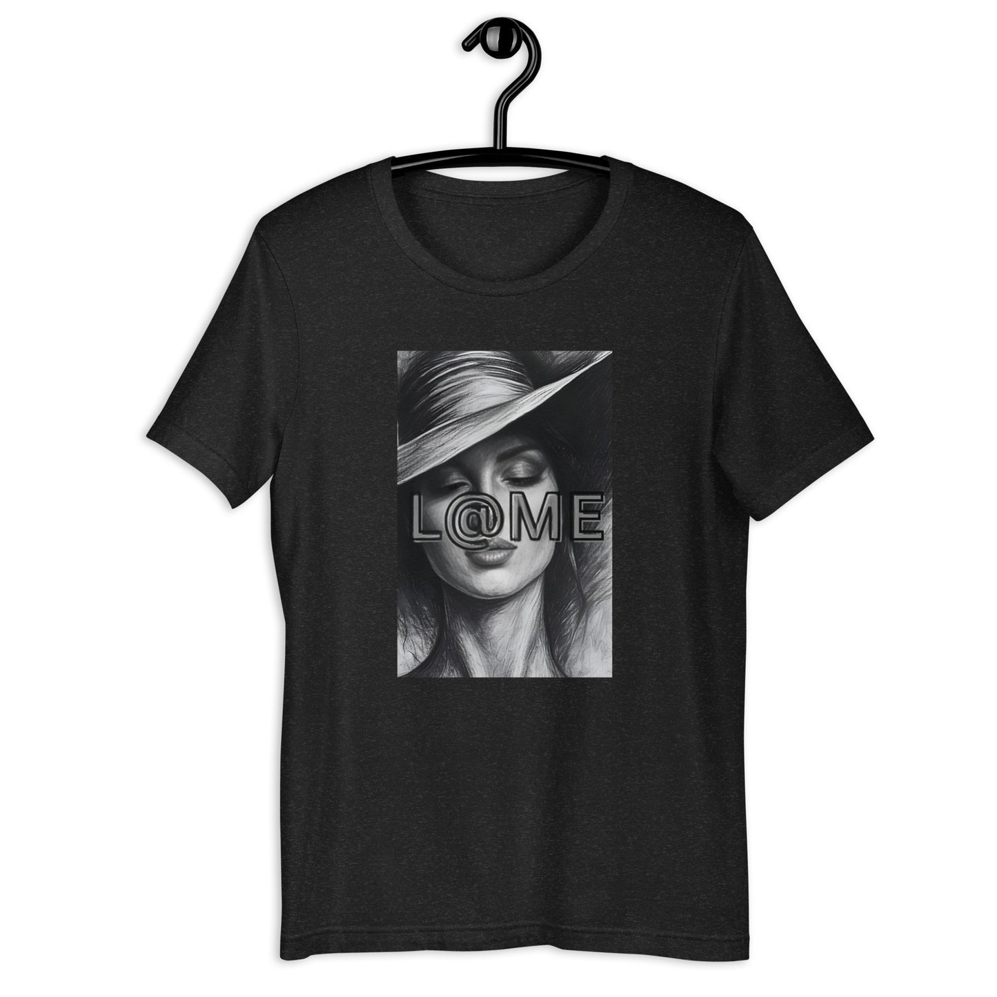 Black L@ME Noir Muse T-shirt with monochrome portrait and L@ME logo on front