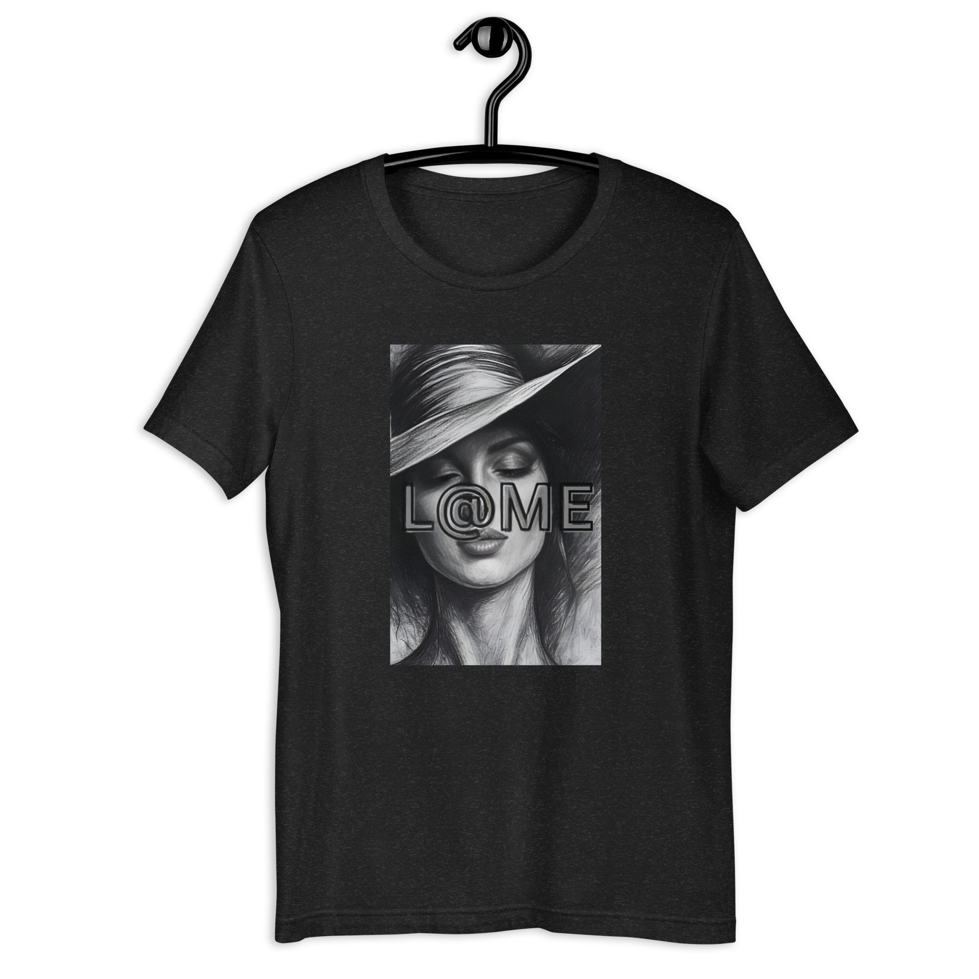 Black L@ME Noir Muse T-shirt with monochrome portrait and L@ME logo on front